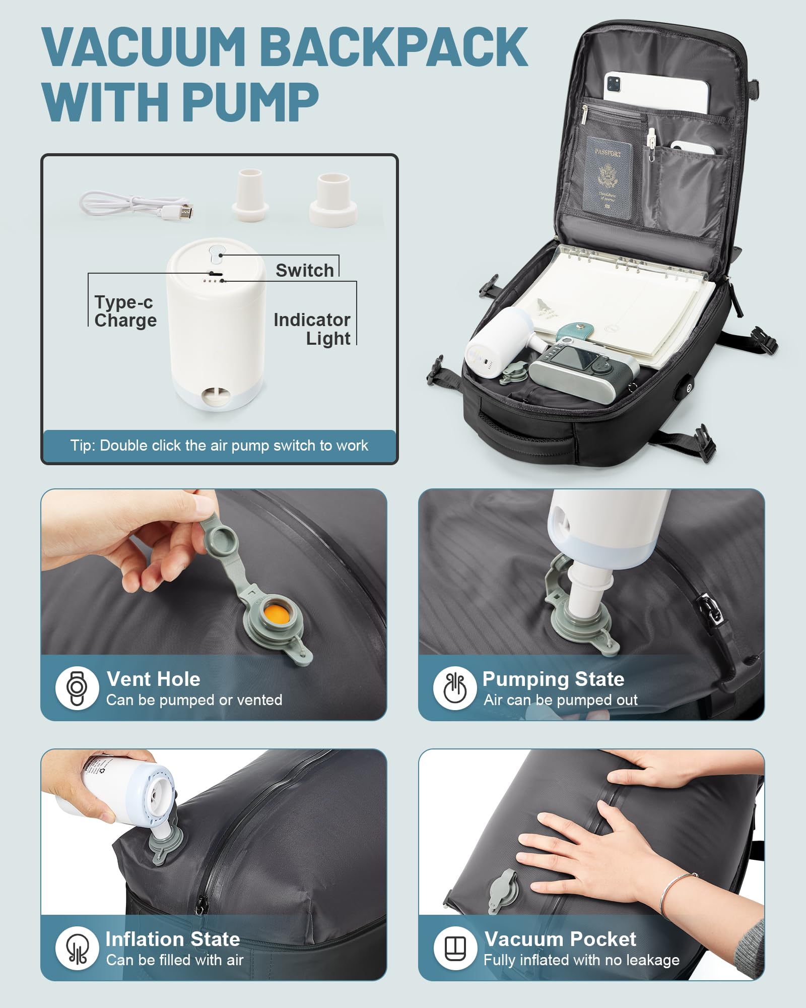 bergsalz Grande Zaino Ryanair Easyjet 45x36x20 Sottovuoto Viaggio Con Pompa, Zaino Da Viaggio Aereo Bagaglio a Mano Con Sottovuoto Incorporato Donna Uomo Nero