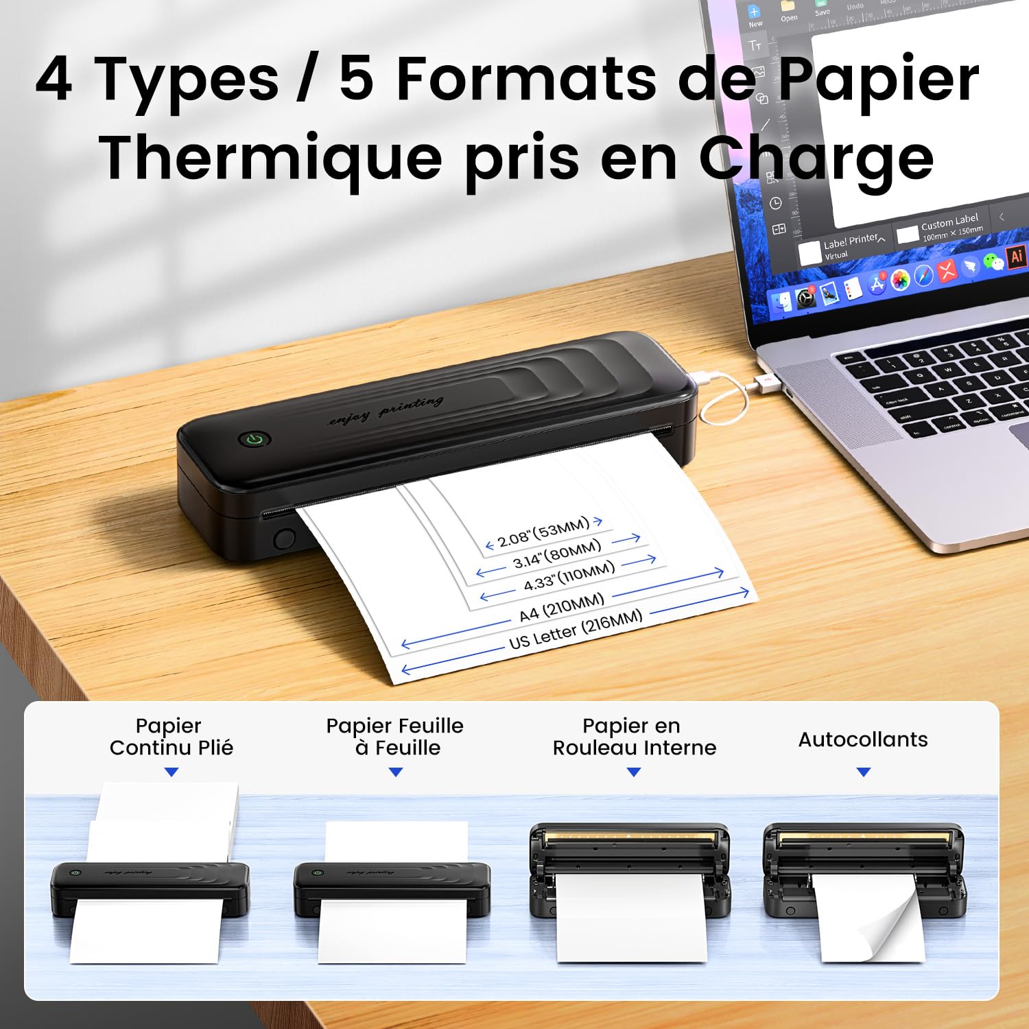TATTMUSE Imprimante Thermique A4 Portable Bluetooth sans Encre pour Voyage, Noir