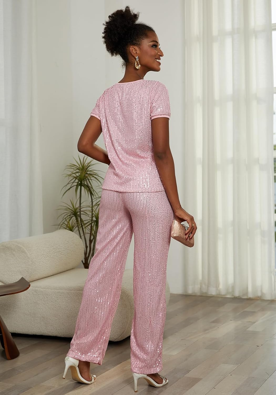 Sequin 2 Piece Outfit for Women Sparkle Wide Leg Pants Set Crew Neck Top Shiny Clubwear - Image 4