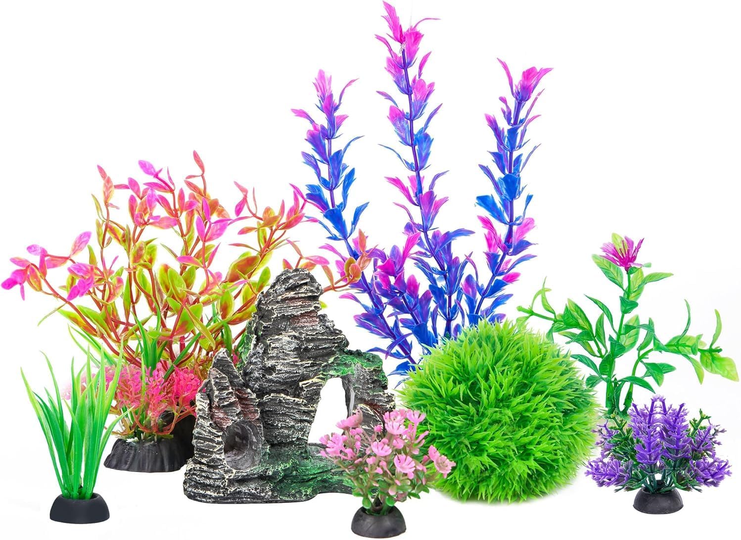 Aquarium Decorations Plants, 8Pcs Artificial Plastic Plants and Rock Cave Decor Set, Goldfish Betta Fish Tank Accessories, Colorful Small Large Aquarium Decor Kit