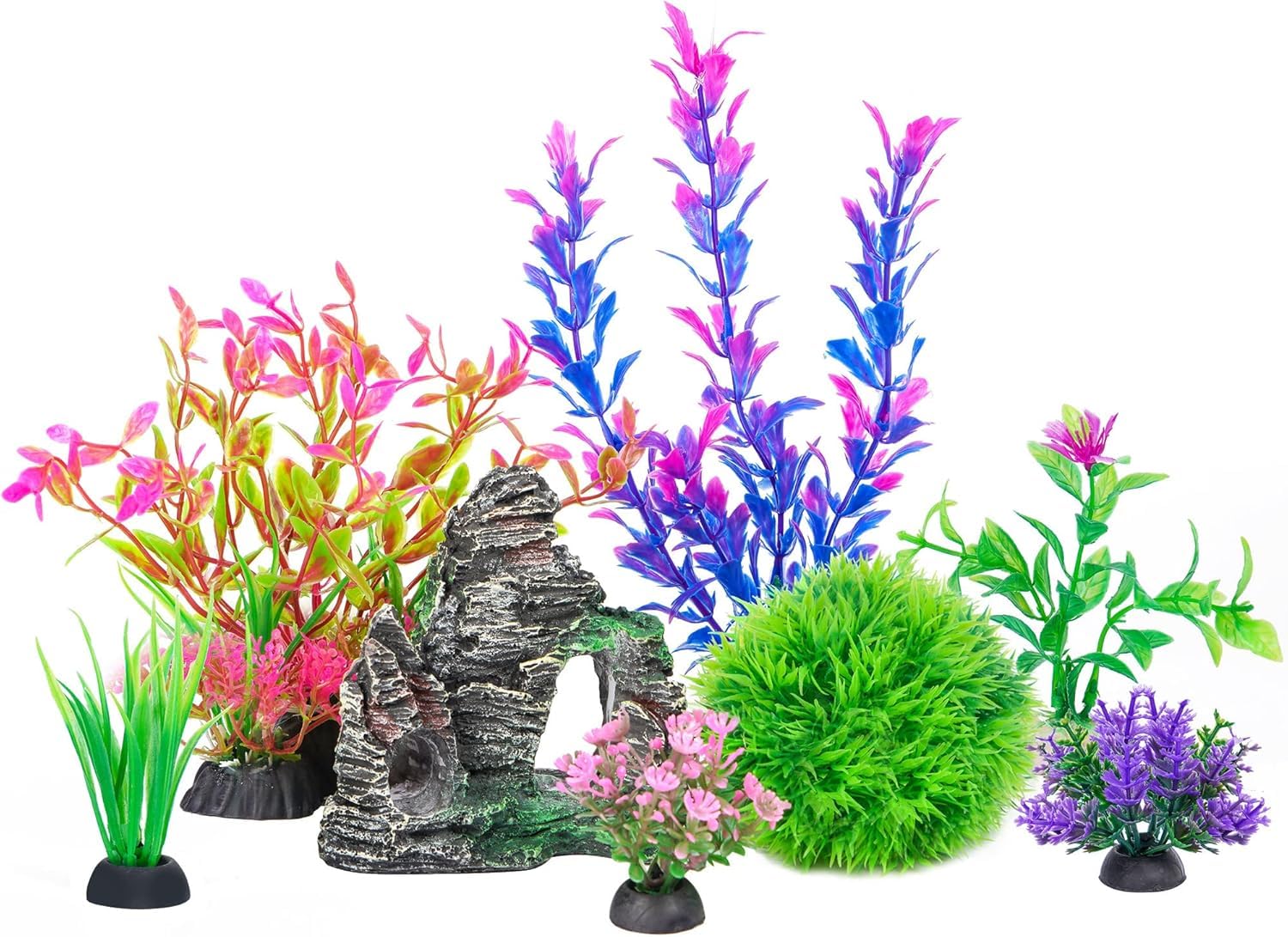 – Aquarium Decorations Plants, 8Pcs Artificial Plastic Plants and Rock Cave Decor Set, Goldfish Betta Fish Tank Accessories, Colorful Small Large Aquarium Decor Kit