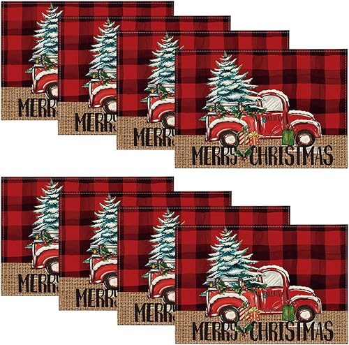Miniatura 7 de Artoid Mode Buffalo - Juego de 4 manteles individuales de Navidad con diseño de camión a cuadros, 12 x 18 pulgadas, manteles individuales de