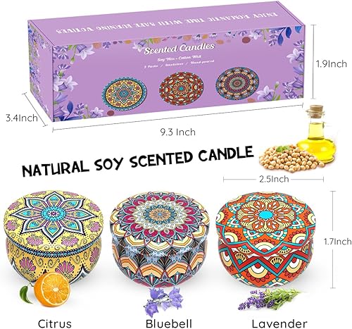 Miniatura 7 de Juego de 3 velas perfumadas, velas de aromaterapia para aliviar el estrés de cera de soja, cestas de regalo de relajación para mujeres, gran regalo