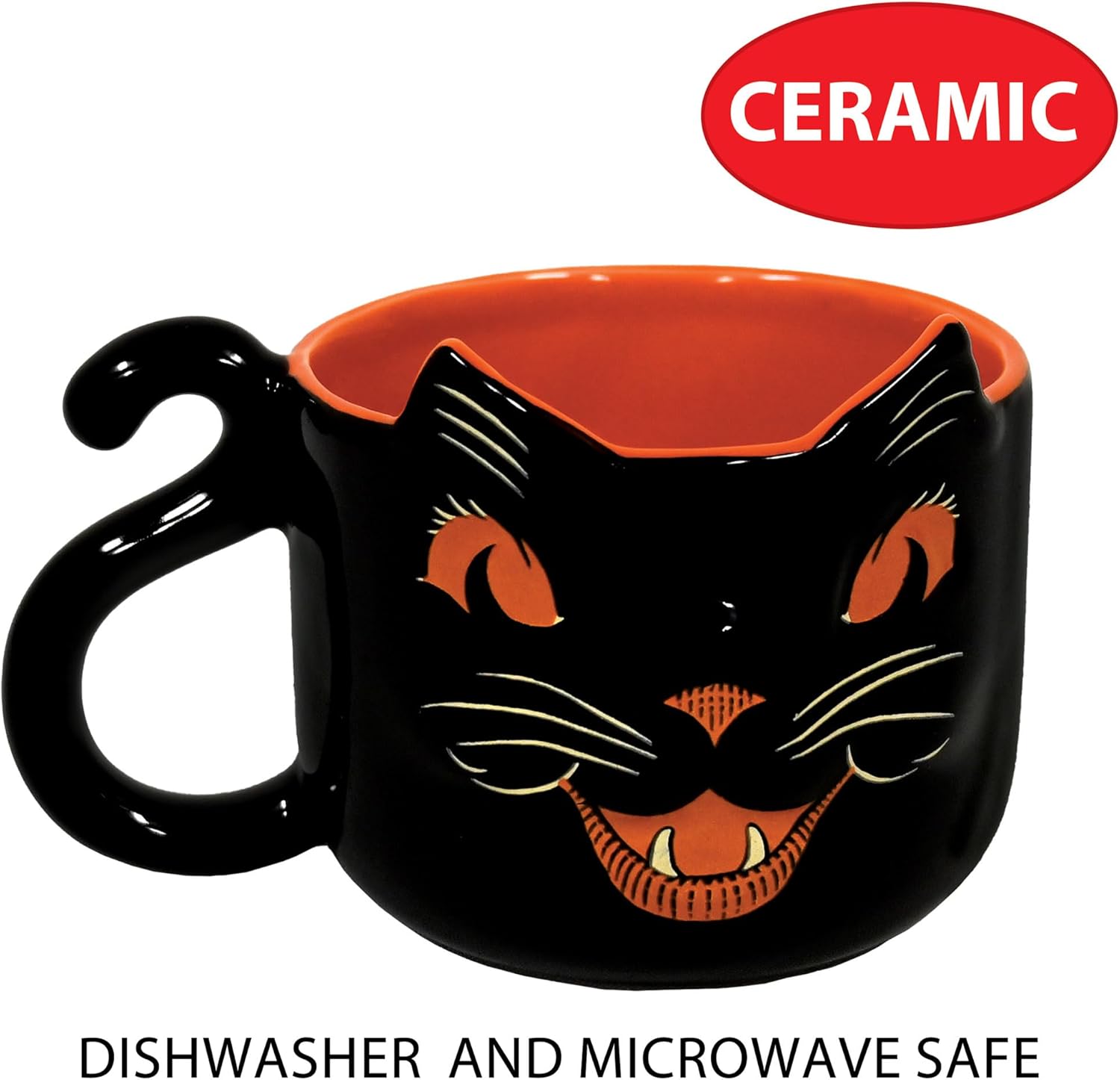 Beistle Vintage Halloween Ceramic Black Cat Mug – Retro Style Holiday Coffee Cup, Orange Drinkware with Classic Cat Face Design, Seasonal Gift Party Tableware, Dishwasher and Microwave Safe, 12 Oz