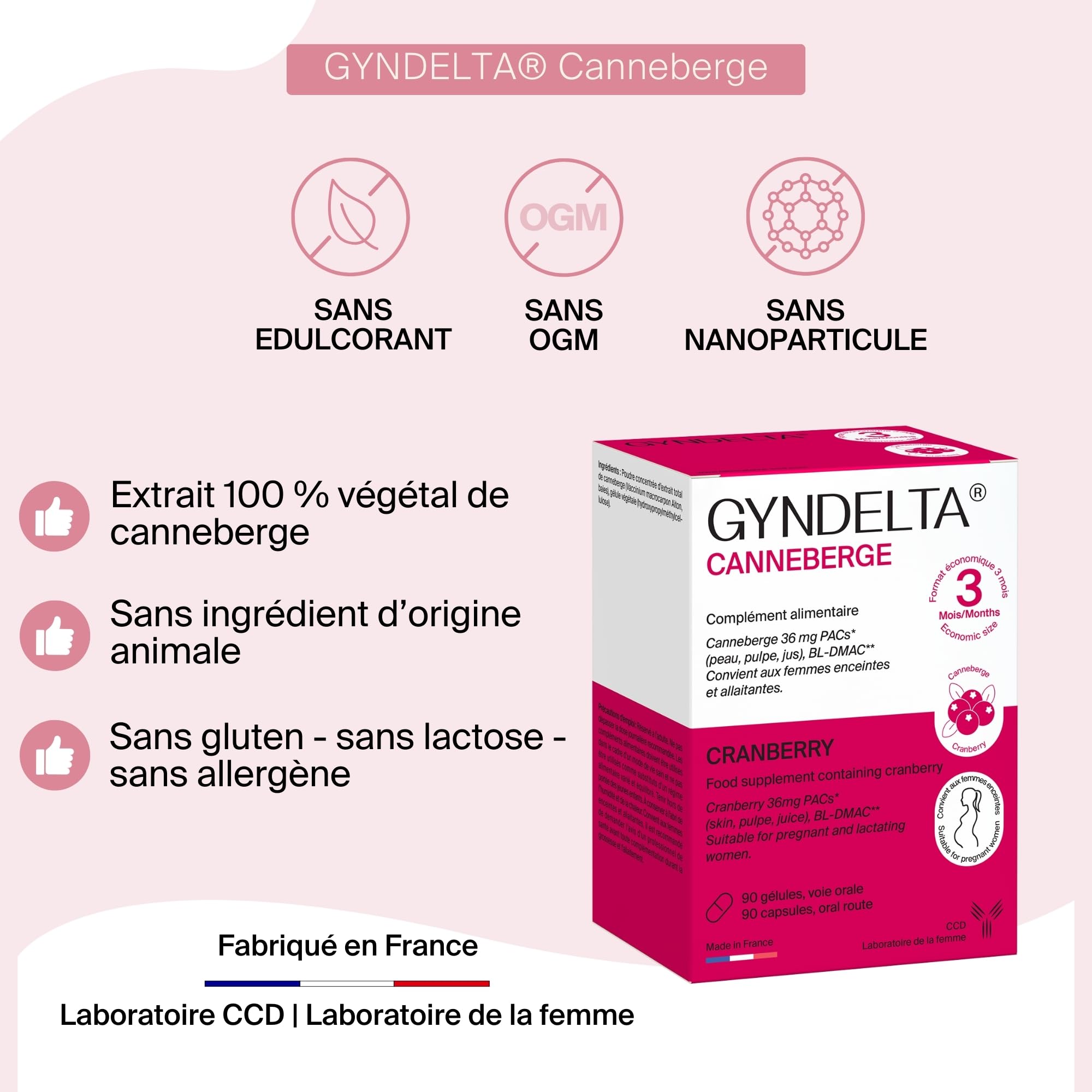 Gyndelta 36 mg Canneberge | Sphère urinaire féminine | Extrait total de cranberry dosé en PACs | 90 gélules végétales | Cure de 3 mois | Sans OGM | Fabriqué en France | Laboratoire CCD
