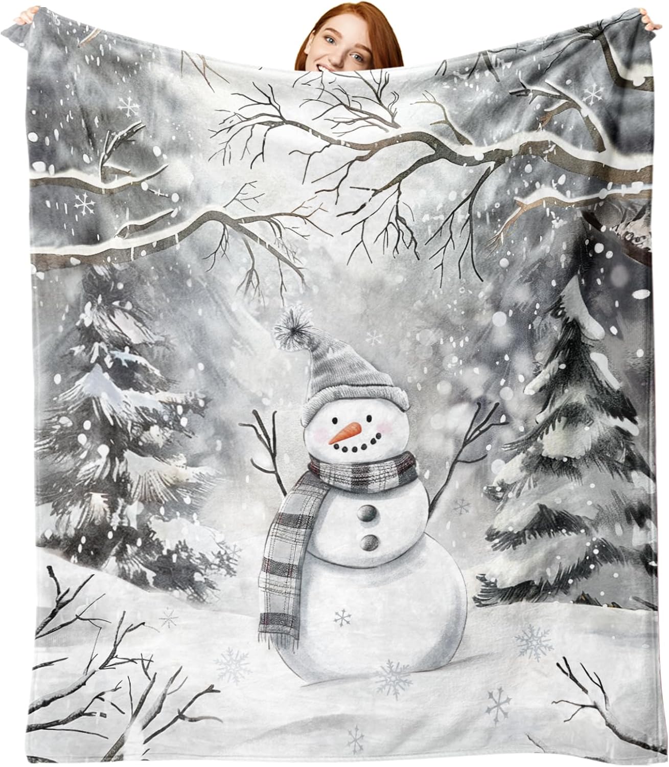 Winter Snowman Flannel Throw Blanket, Snowy Christmas Tree Birthday Gifts for Kids Men Women, Snowflake Soft Blankets for Bedding Sofa 50 x 60 Inches