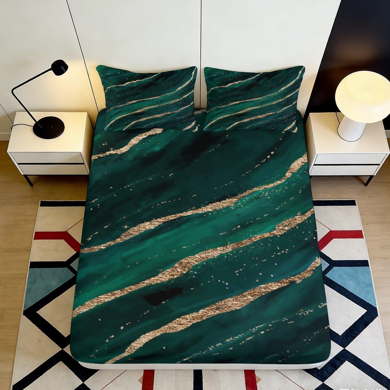 3D Printed Emerald Marble Fitted Sheet Microfiber Soft Bedroom Decor Golden Vein Bed Cover for Adult Teen Mattress Protection 90x200x25cm