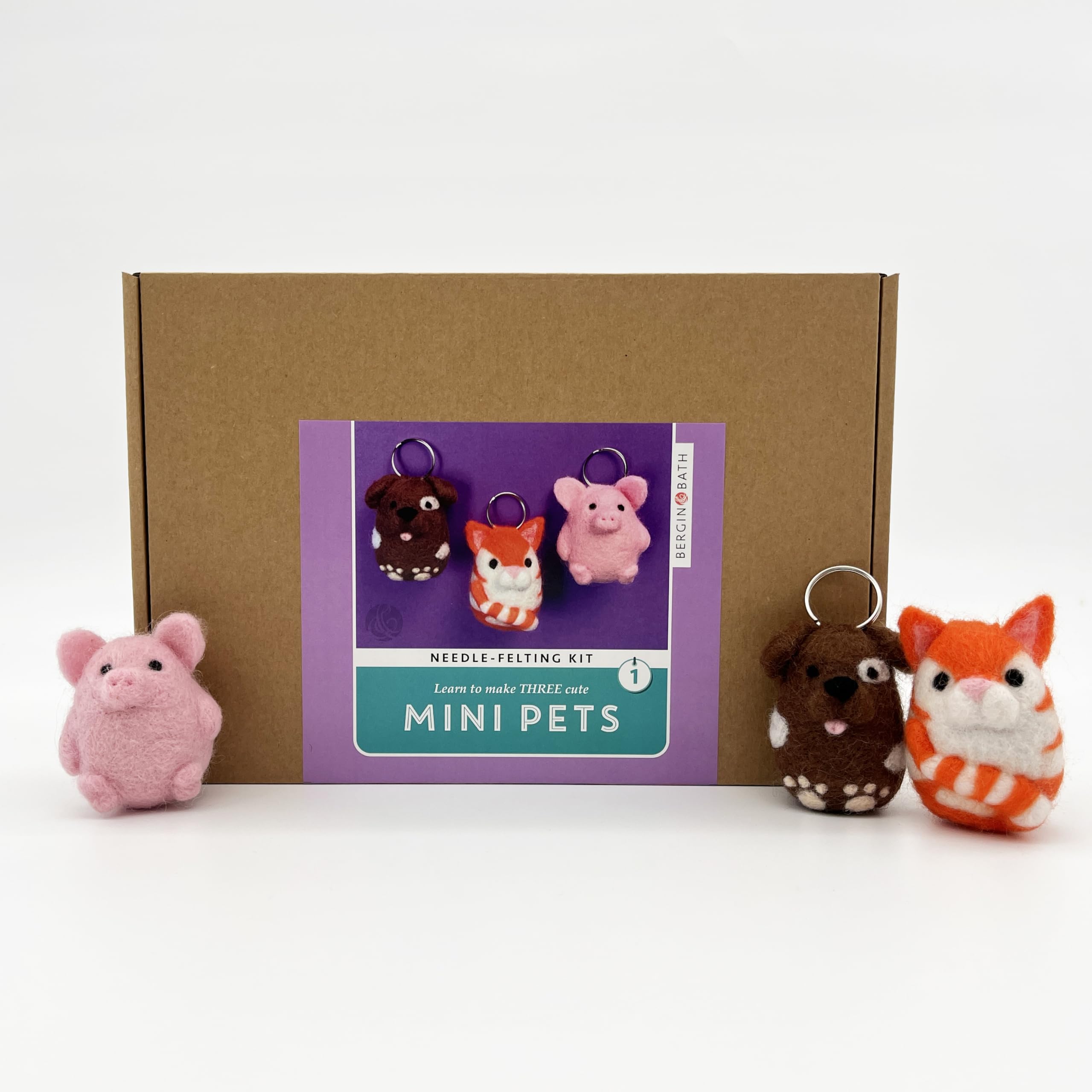 Bergin & Bath Needle Felted Mini Pets 1 - Make Three Felt Animals in This Beginners Craft kit for Adults. Create a Cute Cat, Dog and Pig! Gift for Teens and Adults