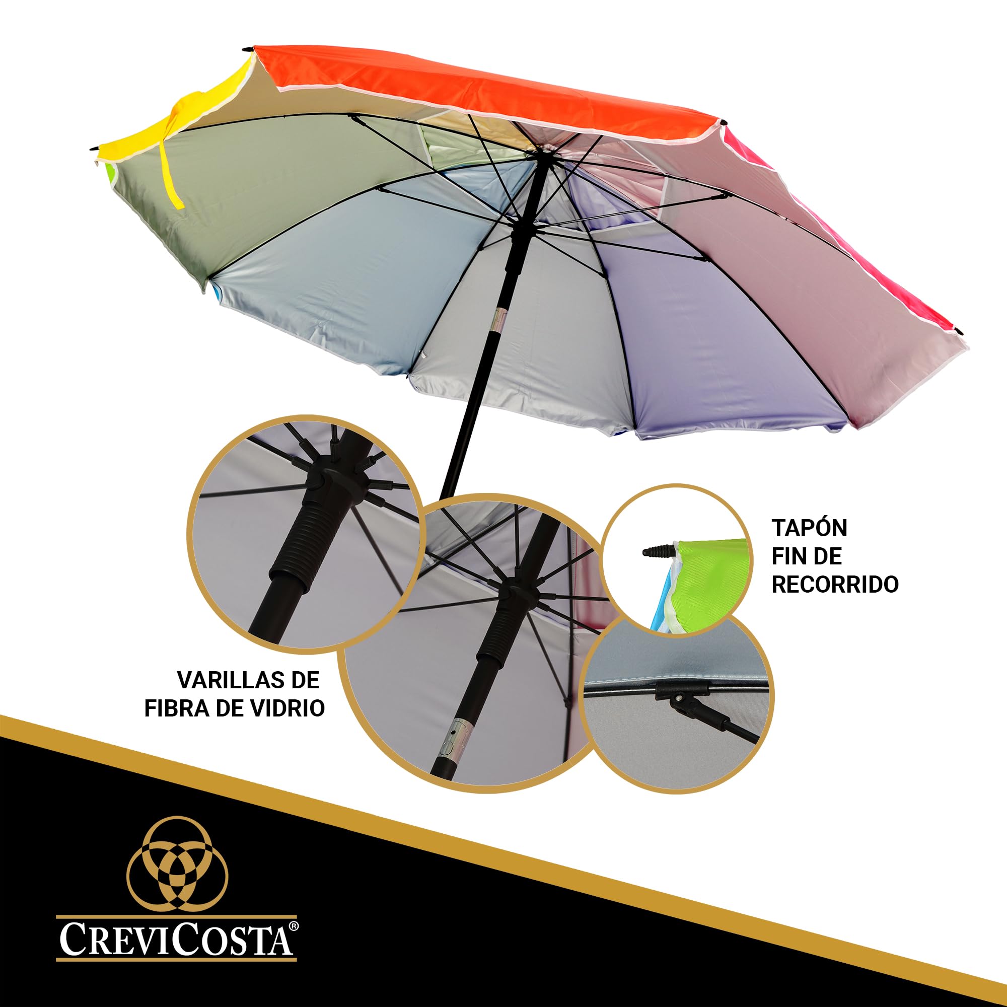 CREVICOSTA QUALITY MARK MARCAS DE CALIDAD - Sombrilla 220 cm con Espiral y Poste de Recorrido Total. Protección total contra los Rayos UV. 8 Varillas