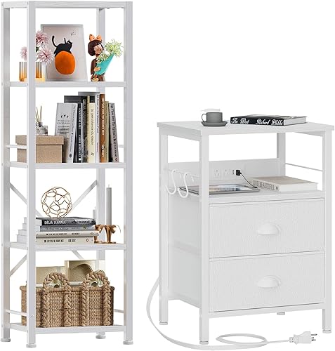 Furologee White Bookcase and Nightstand with Charging Station, 5 Tier Tall Narrow Bookshelf, End Table with Fabric Drawers for Living Room, Home