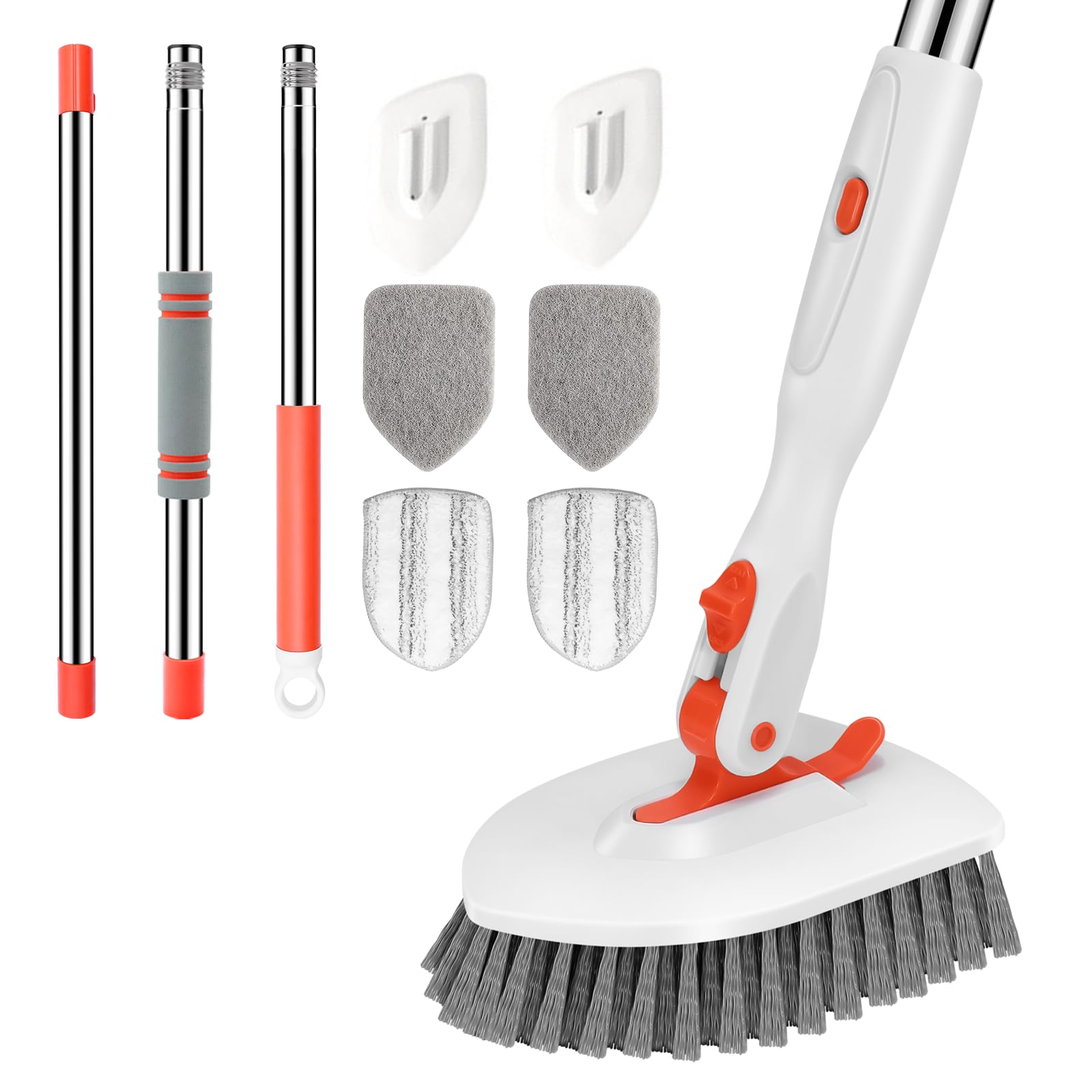 SetSail Floor Scrub Brush, 3-In-1 Tile Tub Floor Scrubber with 52-inch Adjustable Long Handle Shower Cleaner Brush and 4 Detachable Replacement Brush Heads for Cleaning Bathroom Kitchen Walls Tub Tile