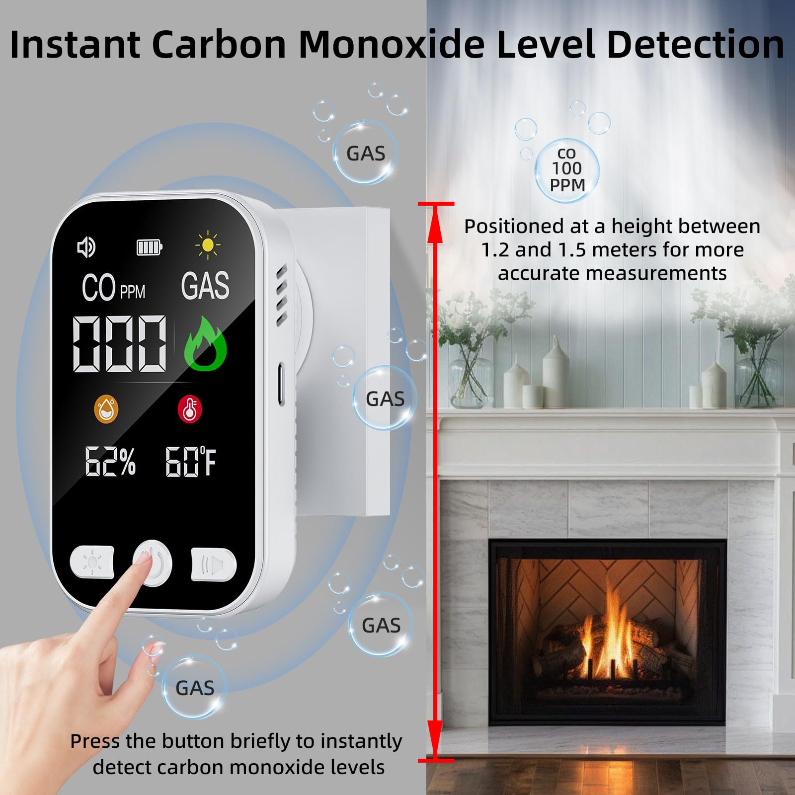 4 in 1 Plug in Rilevatore di Monossido di Carbonio, Allarme CO Portatile, Rilevatore di Gas con Batteria Ricaricabile Integrata da 1000 mAh e Schermo HD [CO Temp Umidità] - Norma EN 50291 - Bianco