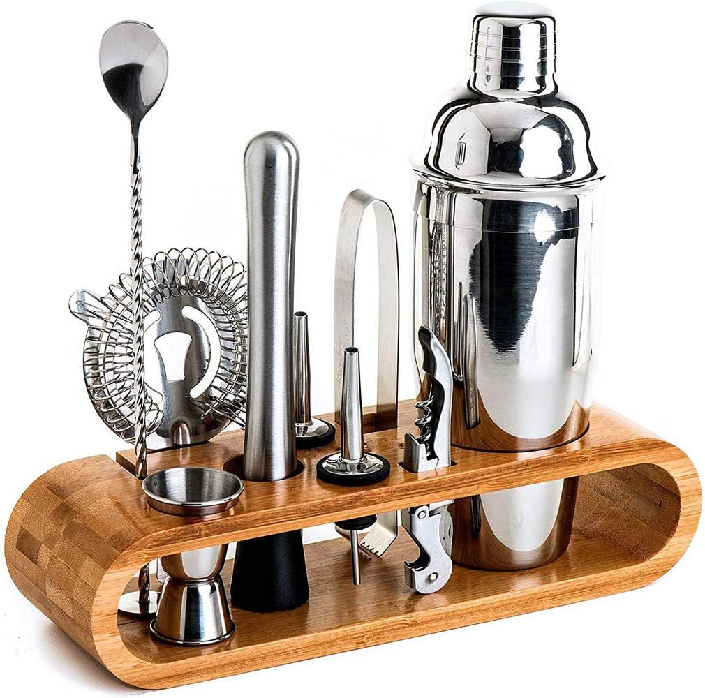 Bartender Kit: 11-Piece Bar Tool Set with Stylish Bamboo Stand - Perfect Home Bartending Kit and Martini Cocktail Shaker Set For an Awesome Drink Mixing Experience (A, 11 Kits)
