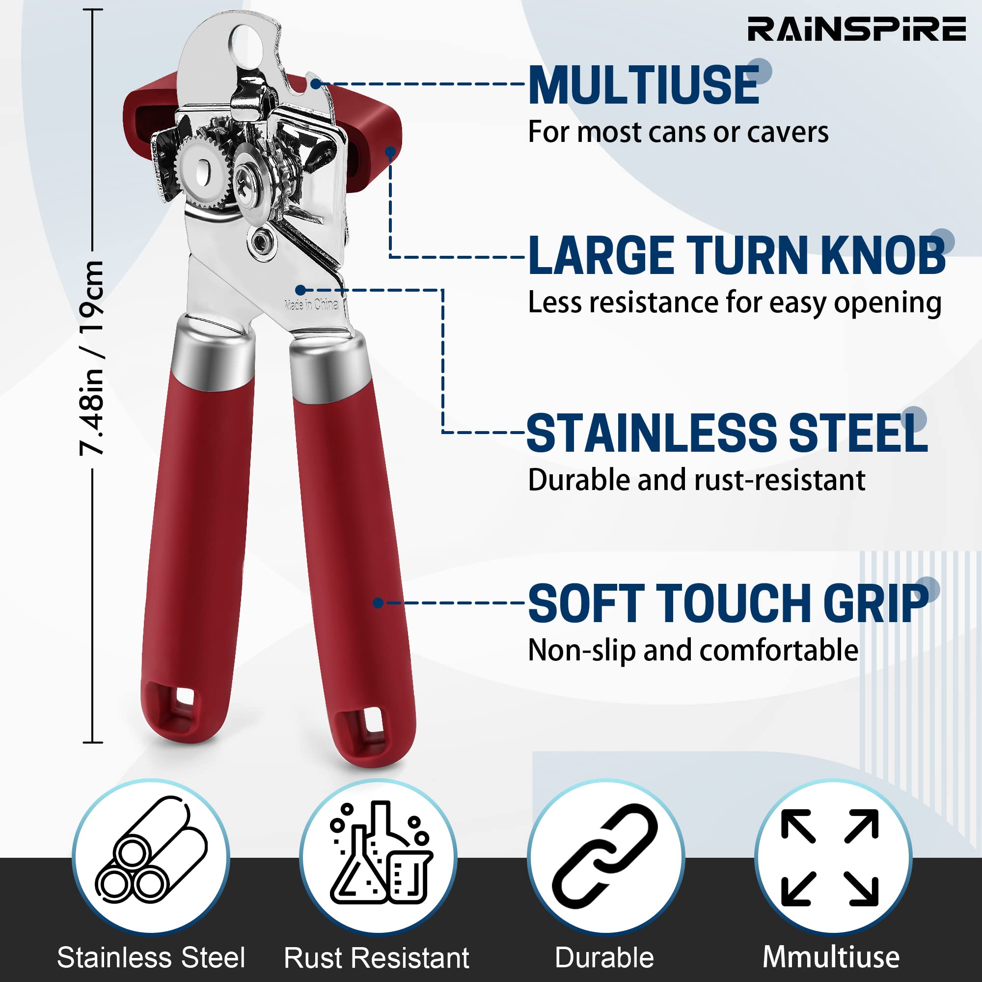 Rainspire Abrelatas manual de mano fuerte abrelatas manual de corte de borde suave, abrelatas resistente, mango suave cómodo, abridor de botellas integrado, rojo