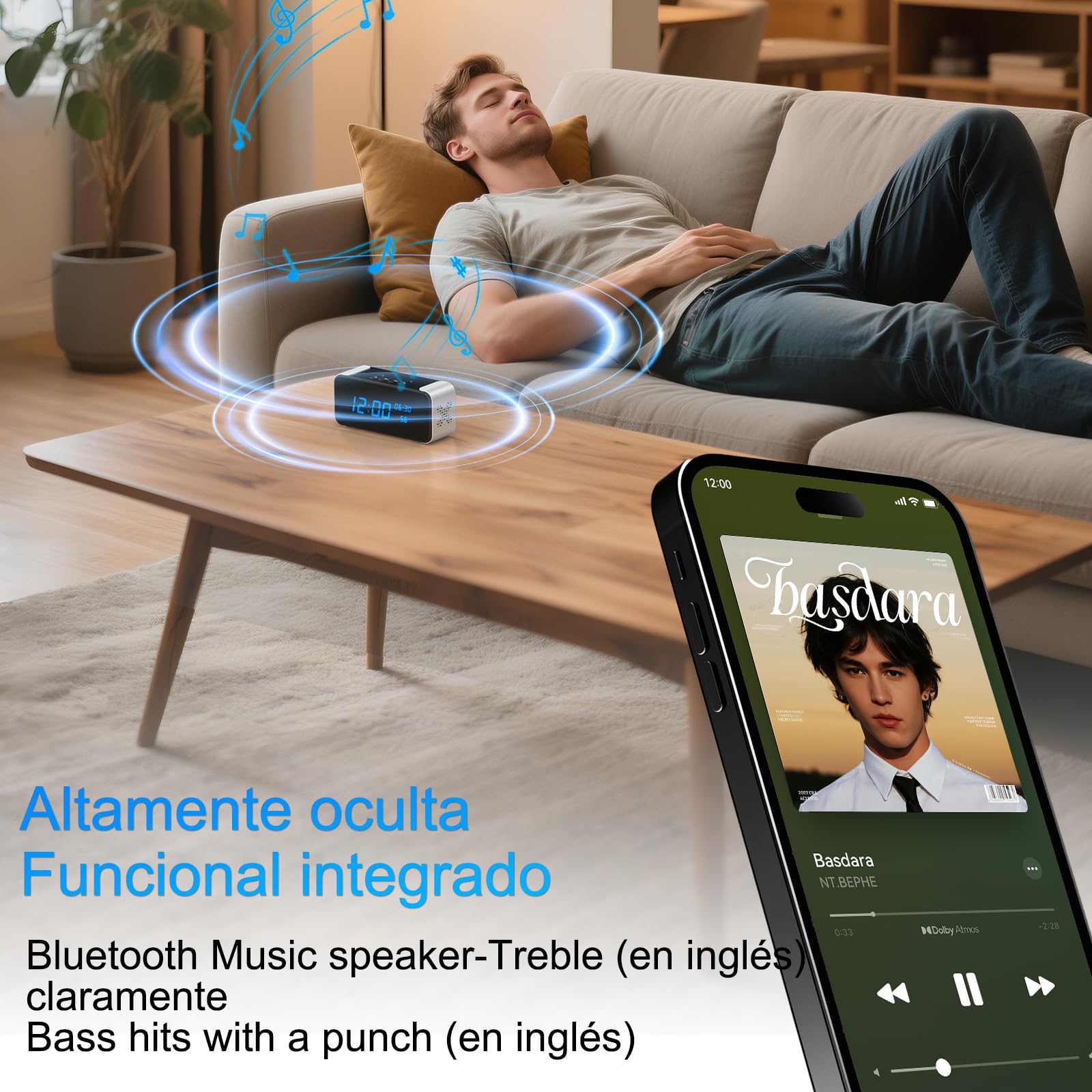 Mini Camara Espia WiFi 4K HD, Camara Oculta 3 en 1 con Altavoz Bluetooth y Despertador, Visualización Remota Desde Móvil, Visión Nocturna y Detección de Movimiento para Interior, Hogar