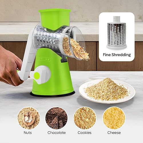 Miniatura 5 de Rallador giratorio de queso 3 en 1  Cortador de verduras de manivela con base de succión fuerte, tambor de acero inoxidable para queso, nueces y