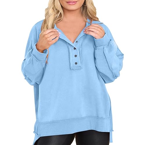 Eytino Women's Plus Size Sweatshirts Button Henley Neck Casual Long Sleeve Oversized Pullover Tops Shirts(1X-5X)