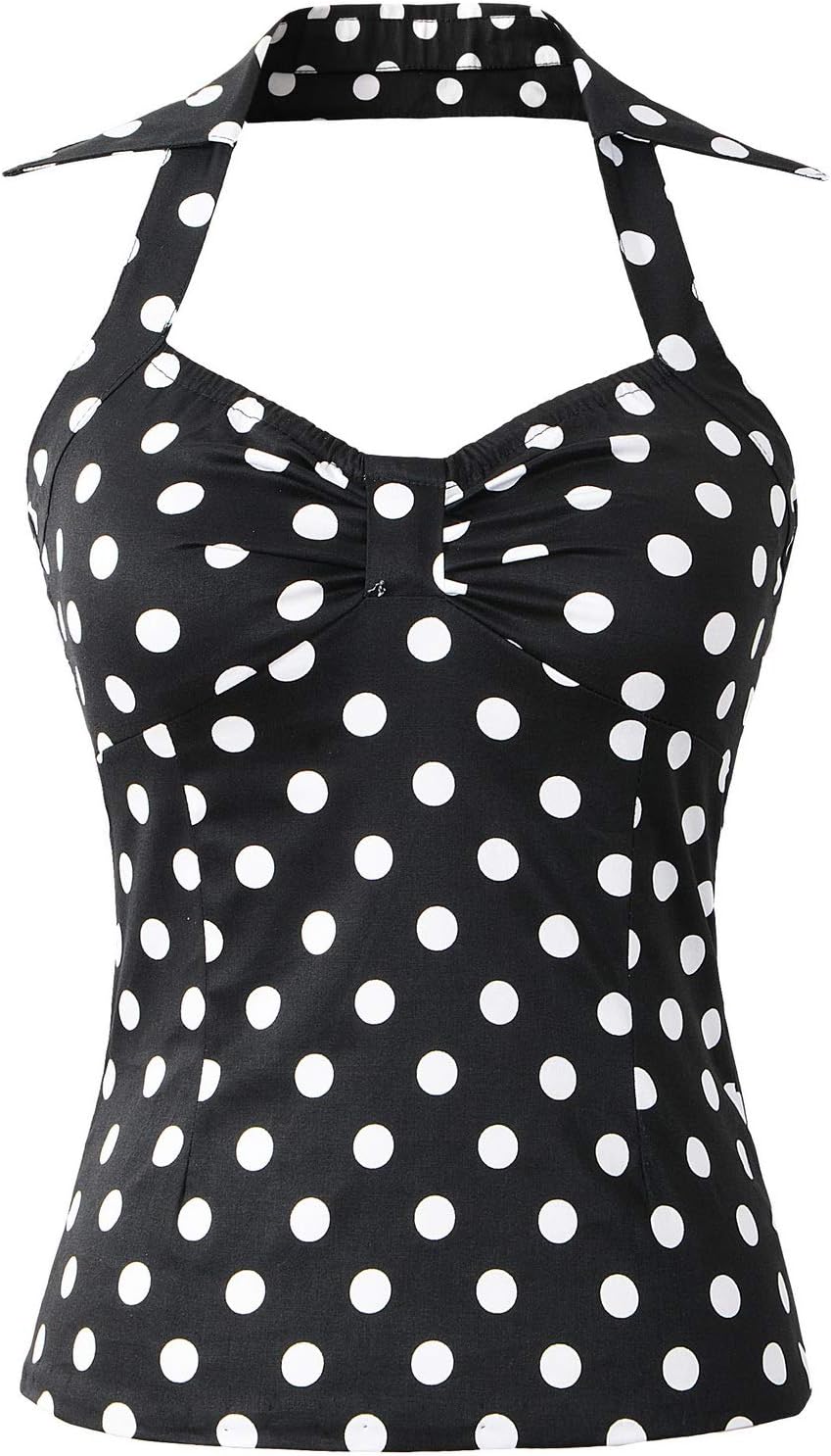 Penelope Vintage50s Pinup Rockabilly Polka Dots Halter Top with Collar Sweetheart Neckline Vintage Retro Style (US6, Black/White Polka Dot)