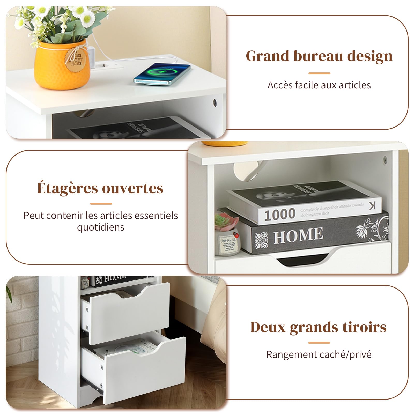 LEADZM Table de Chevet avec Station de Charge et Ports USB,Table d'appoint avec 2 tiroir 1 étagère Ouverte, Commode de Nuit, 40 x 30 x 60cm (1, Blanc)
