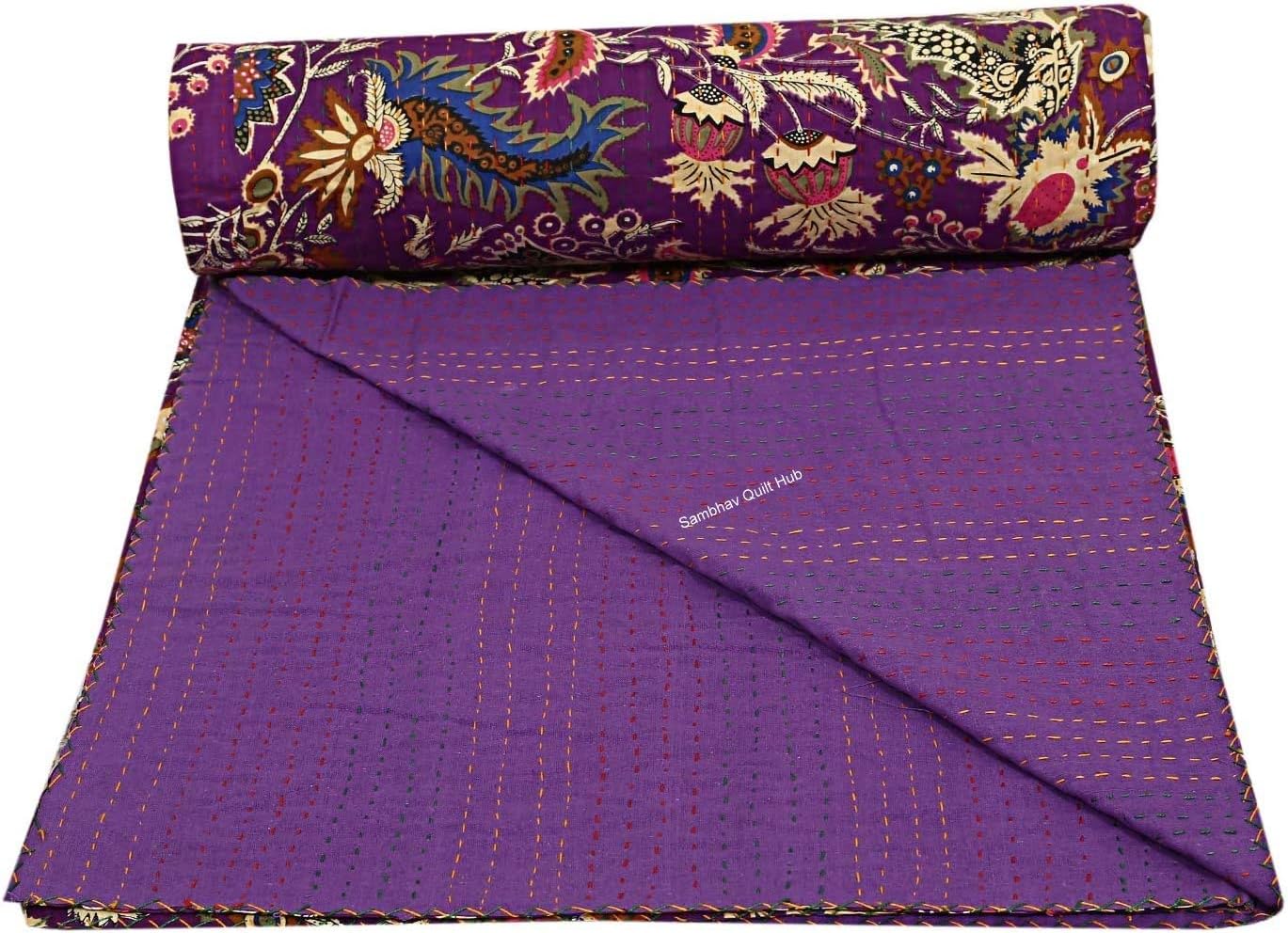 Purple Mukut Print Cotton Handmade Patchwork Quilted Blanket Indian Mukut Cotton Spread Kantha Floral Print Work Bohemian Bed Decor Block Throw Blanket Twin/King/Queen (60X90 inch)