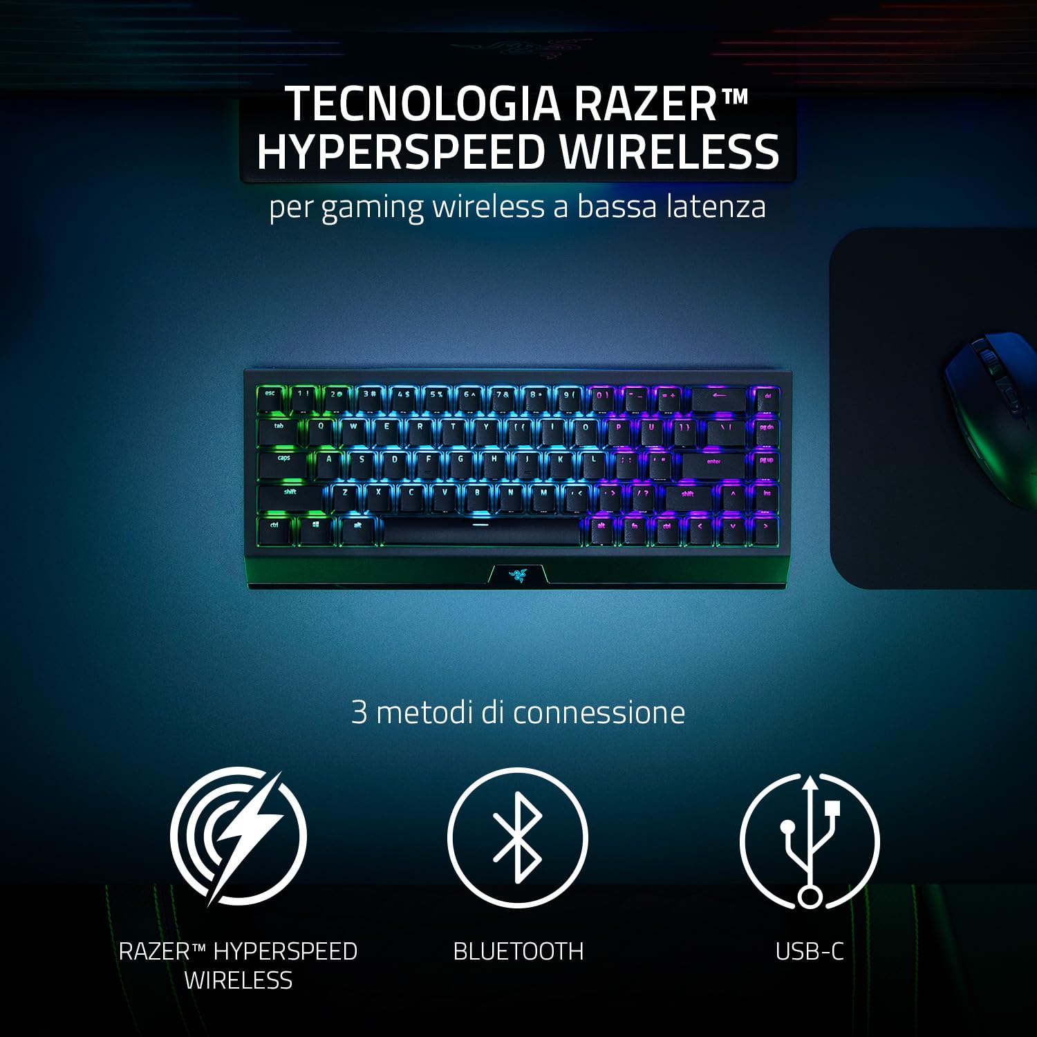 Razer BlackWidow V3 Mini HyperSpeed (Interruttore Giallo) - Tastiera da Gioco Meccanica Wireless al 65% (Interruttori Silenziosi, Tasti Fantasma, Bluetooth, USB-C) QWERTY Layout US | Phantom Ed.