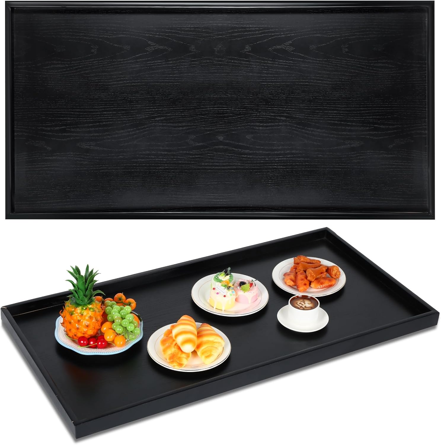 Mumufy 24 x 13 Inch Rectangle Walnut Wood Ottoman Tray Natural Handmade Decorative Serving for Tea Coffee Classic Wooden Walnut Living Room Cafe (Black)