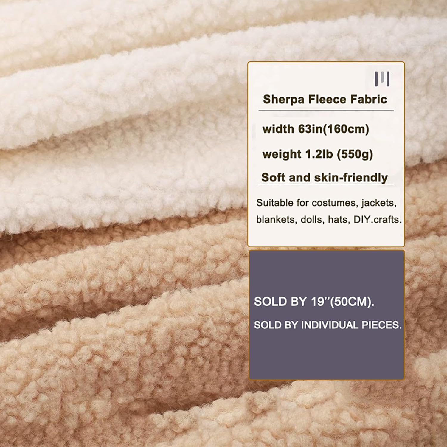 Sherpa Fleece Fabric Plush Faux Fur Fabric Lambskin Thermal Lined Material for DIY Sewing Handmade Winter Wear Costumes 63x19in(160x50cm) (Khaki)