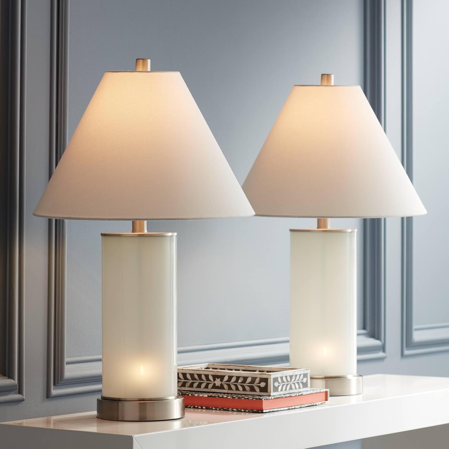 360 Lighting Randi 24" High Small Modern Coastal Table Lamps Set of 2 USB Port Night Light White Glass Fabric Shade Living Room Charging Bedroom Bedside Nightstand House Office Home Kitchen Entryway