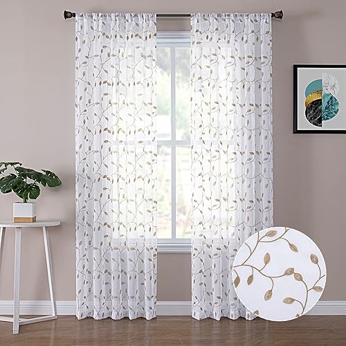 Cortinas Tollpiz translúcidas, con diseño de hojas bordadas, para dormitorio, de lino sintético, para sala de estar, juego de 2 paneles