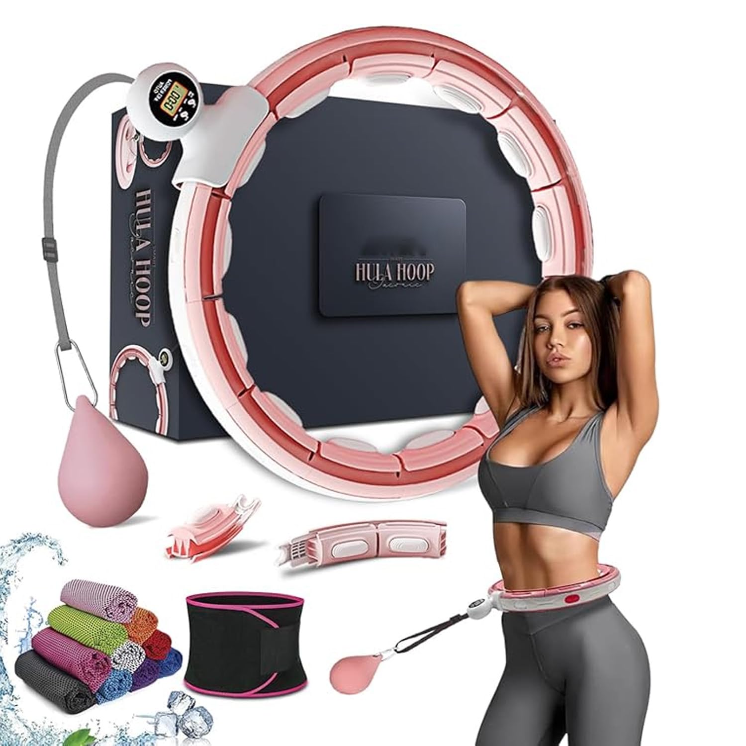 Active 100 Smart Weighted Hula Hoop For Adults, Detachable Fitness Ring With 360 Degree Auto-Spinning Ball Massage, Smart Ring Hula Hoops For Adults, Fitness Equipment For Weight Loss (Pink)