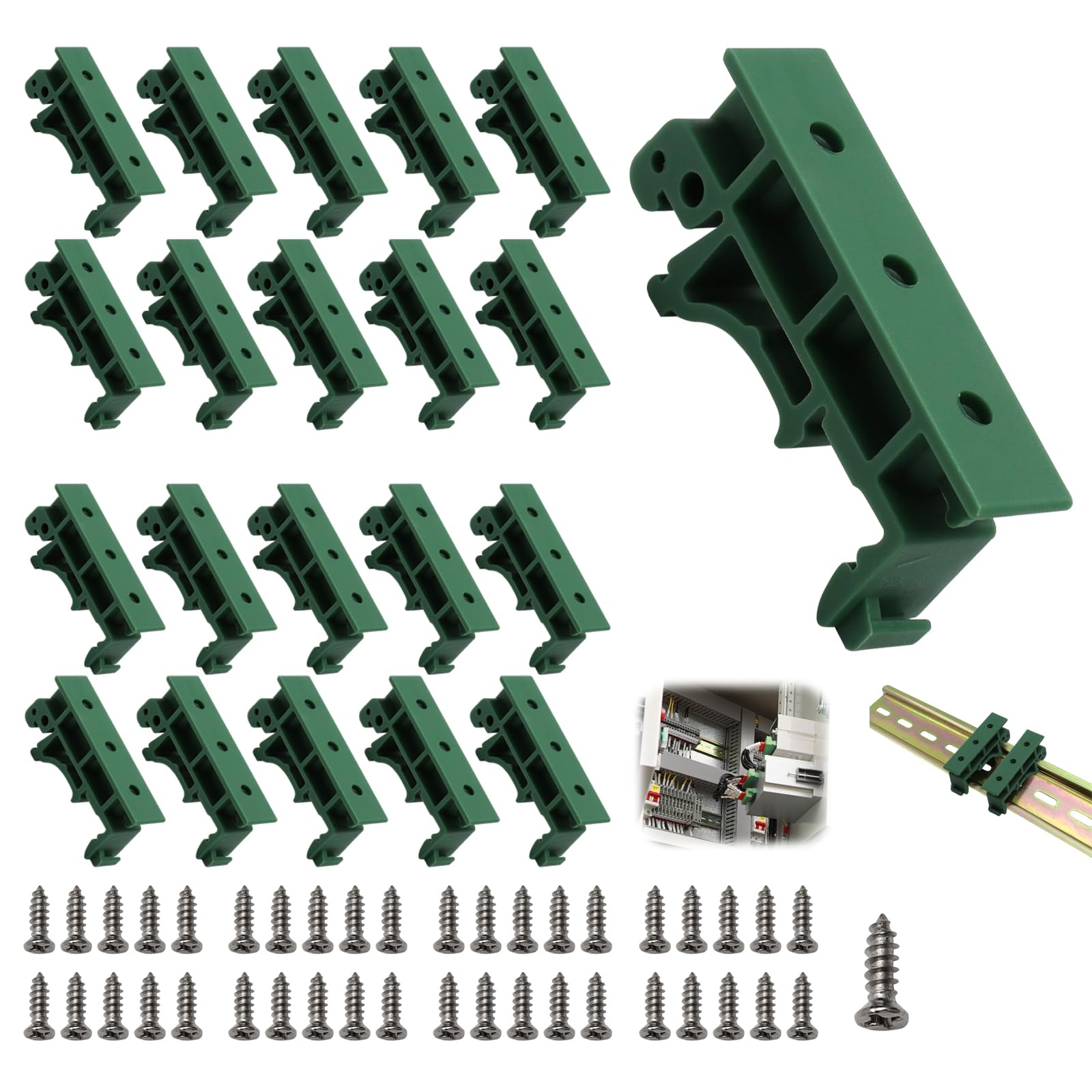 20 Piezas PCB DIN Soporte de Montaje, Verde PCB DIN C45 Adaptador Juego de Adaptadores con 40 Tornillos, Carril DIN Adaptador para Carril de Montaje DIN 45 35 mm PCB Soporte de Montaje