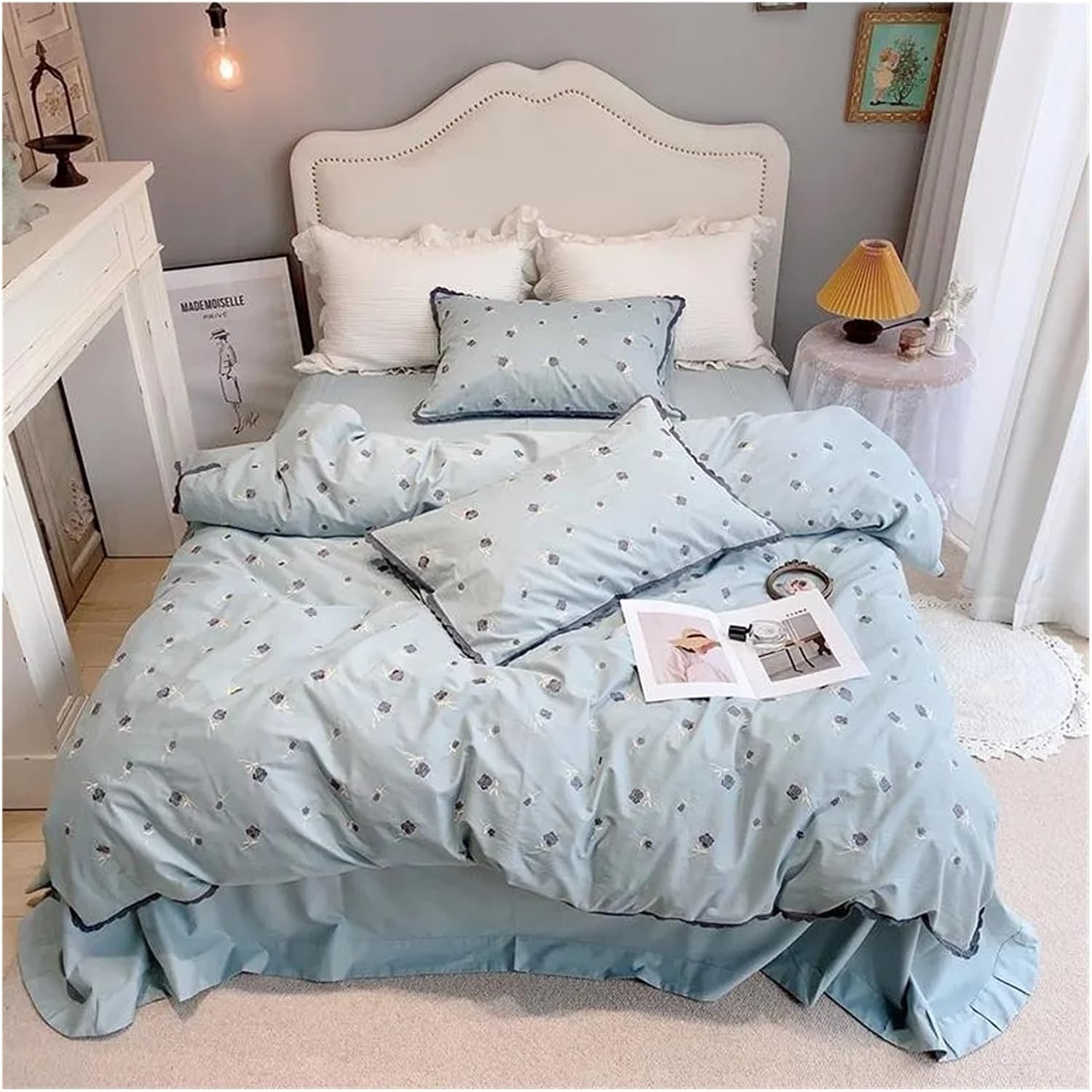 Chic Embroidery V-intage Rose Flowers White Duvet Cover Set Double Queen King 4Pc 1000TC Cotton Brushed Soft Bed Sheet Pillowcase,Bed
