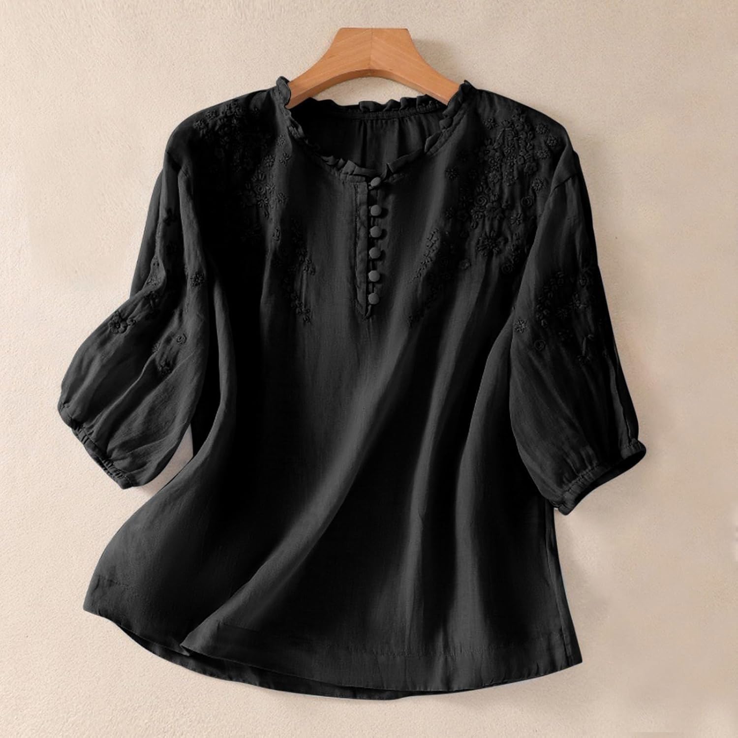 Women's Cotton Linen Blouse Embroidered Puff 3/4 Sleeve Tops Casual Loose Fit Henley Neck Summer Shirts - Image 4