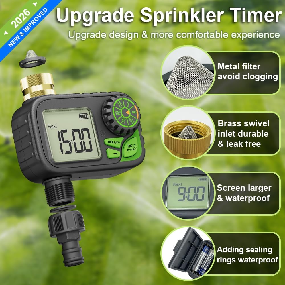 Sprinkler Timer Water Hose Timer - Programmable Digital Irrigation Outdoor Waterproof with Rain Delay, Manual & Automatic Watering System for Yard Lawn Garden Hose, Brass Inlet 1 Outlet