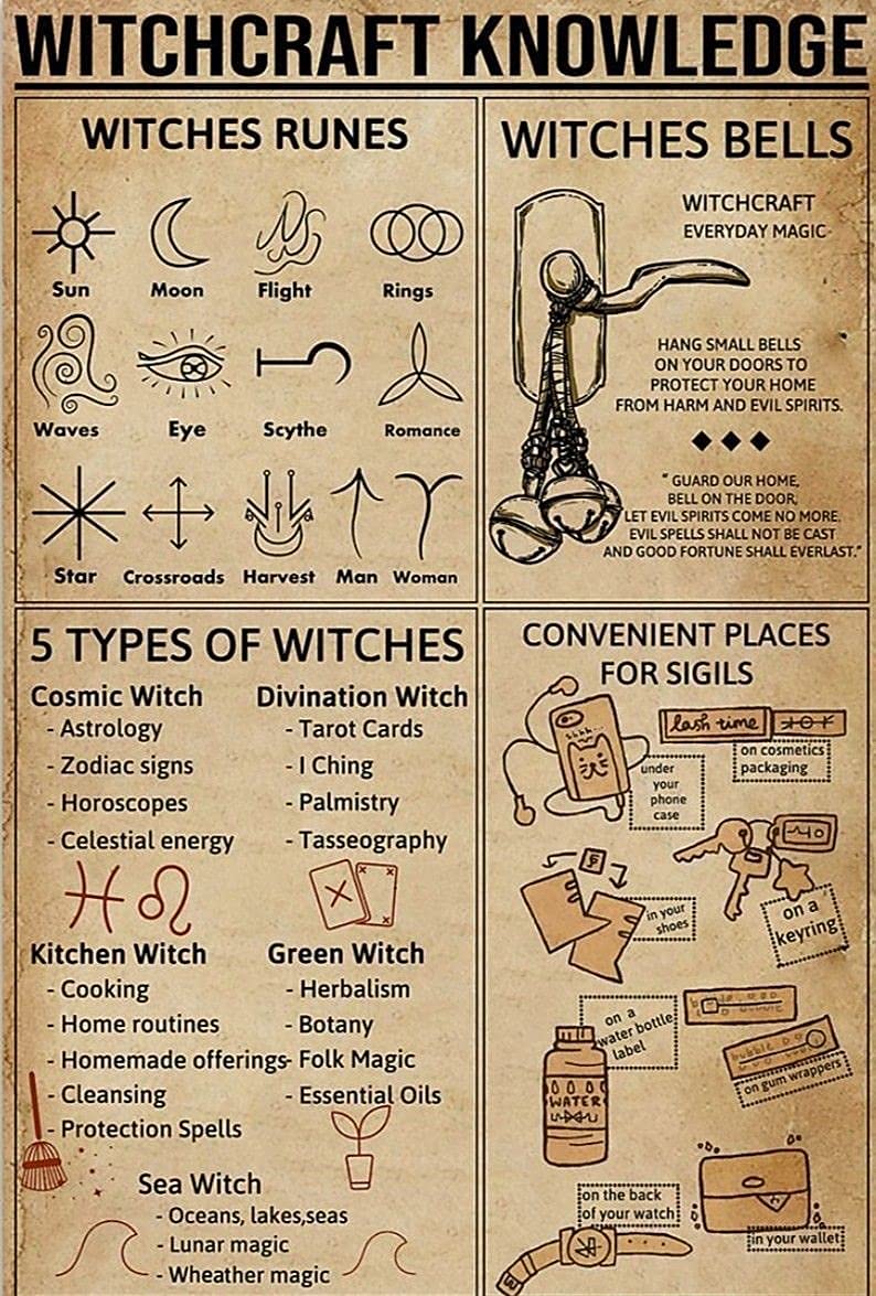 Huand Metal Knowledge Signs Witchcraft Knowledge Metal Tin Sign 5 Types of Witches Poster Anatomy Infographics Club Home Bedroom Bar Cafe Garage Wall Decoration Plaque 8x12 inch