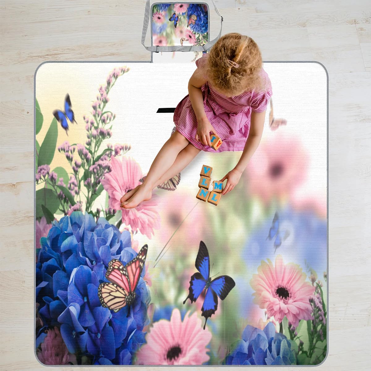 Mantas de picnic de 150 x 145 cm, manta de playa plegable con flores y mariposas para exteriores, impermeable, para playa, camping, senderismo, picnic