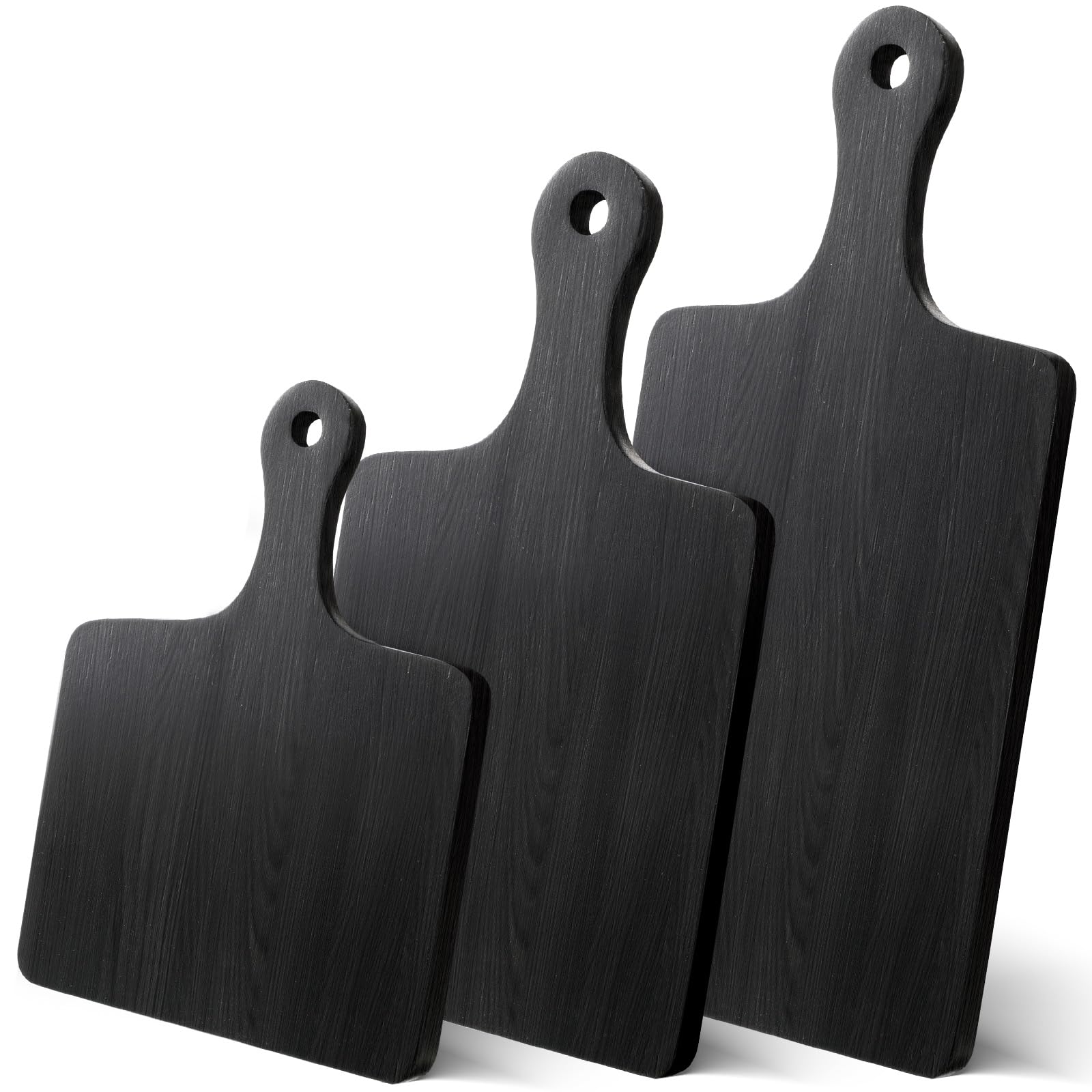 Geetery 3 paquetes de tablas de cortar de madera con mango de madera de bambú, tablas de servir pizza, charcutería, tabla de cortar para pan, queso, filete, 3 tamaños, bambú (negro)