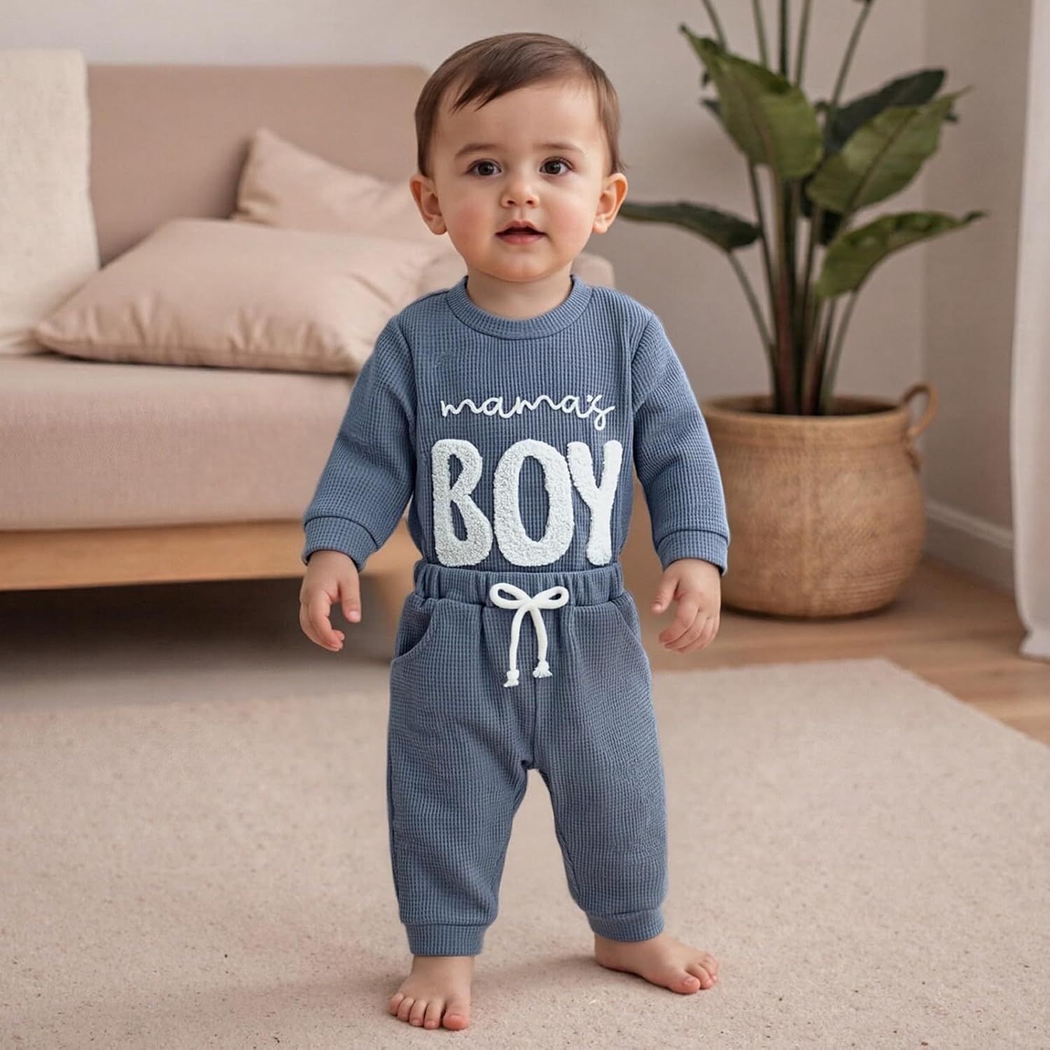 allshope Newborn Baby Boy Fall Outfits Set Romper Little Brother Lil Bro Embroidery Jumpsuits Pants Infant Waffle Clothes - Image 4