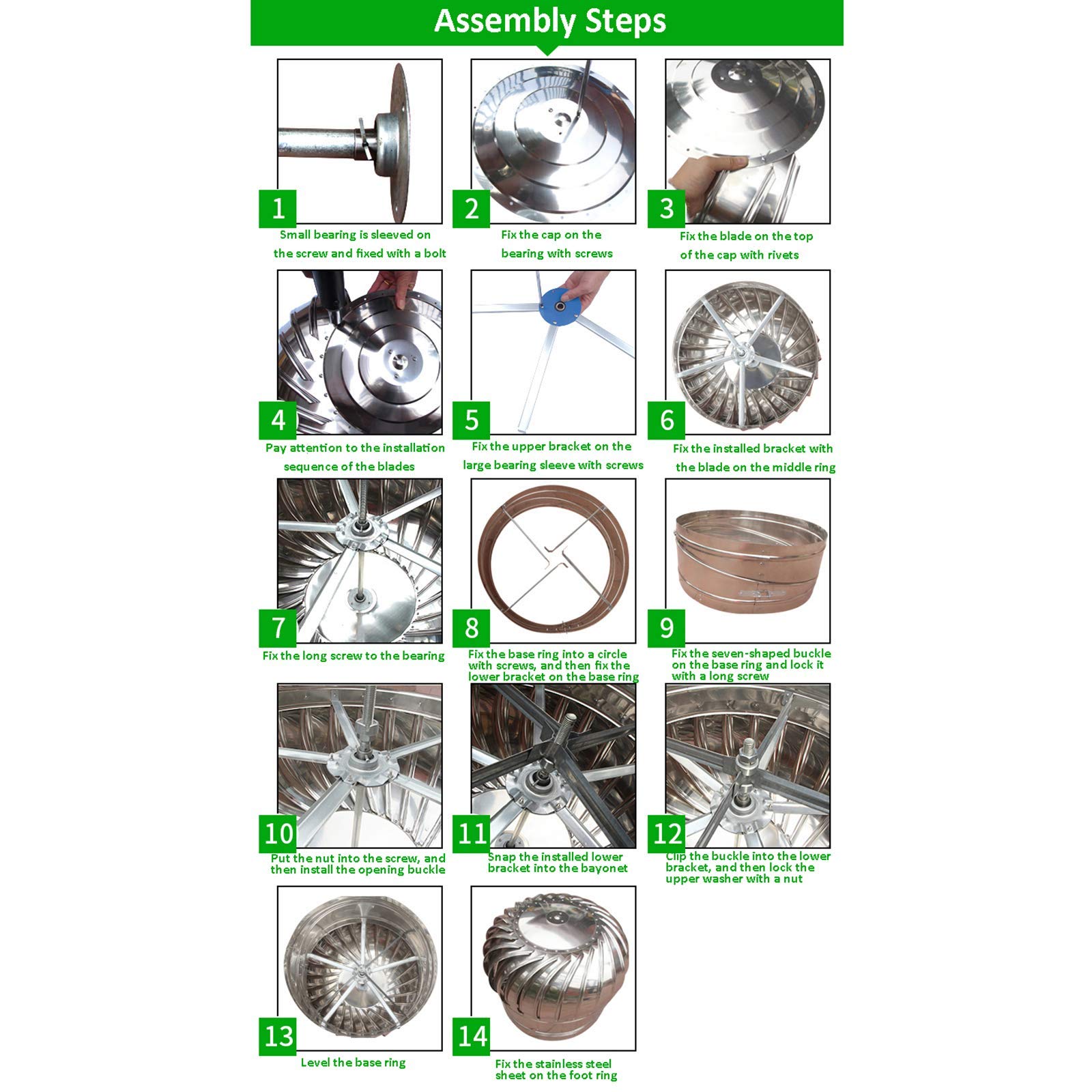 Sombrerete Giratorio de Acero Inoxidable para Chimenea, con Sistema Anti-Tiro descendente, Compatible con la mayoría de chimeneas estándar. Ventilador de turbina rotativa