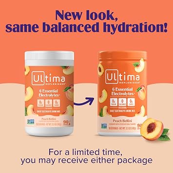 Ultima Replenisher Hydration Electrolyte Powder- 90 Servings- Keto & Sugar Free- Feel Replenished, Revitalized- Naturally Sweetened- Non- GMO & Vegan Electrolyte Drink Mix- Peach Bellini | Zero Sugar Peach Bellini Hydration Powder with 6 Electrolytes & Minerals - Sugar Free, Plant-Based & Keto Friendly