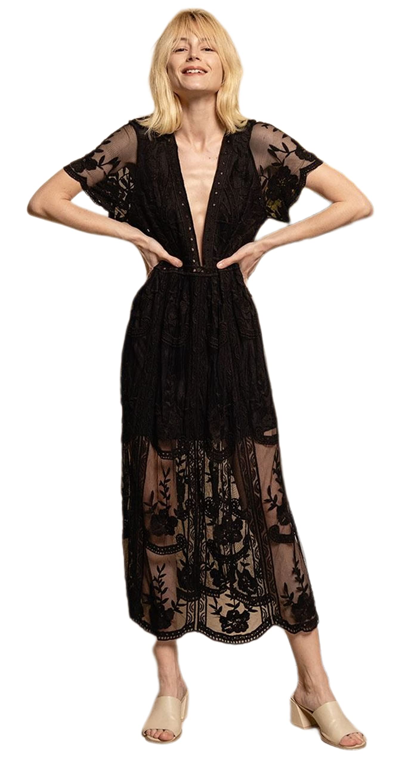 Miro Boho Chic Ibiza Abiti Da Sposa Boho Chic Abito In Pizzo con Scollo A V Profondo. Maniche corte Gonna ampia. Abito da sposa Boho Abito bianco