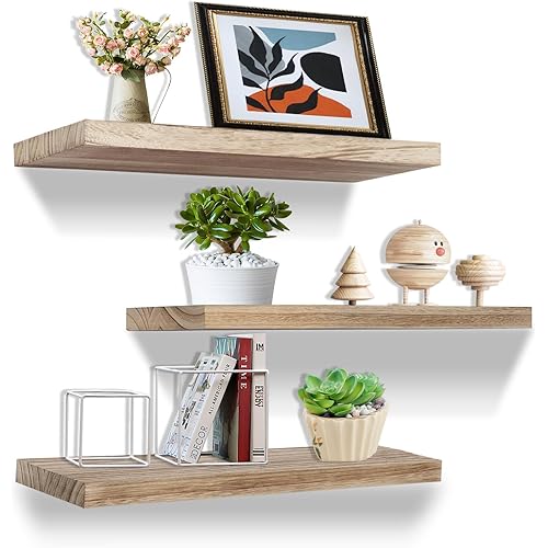 Floating Shelves, Rustic Solid Wood Shelves Set of 3, Floating Shelves for Wall Mounted, Durable Natural Bathroom Wall Shelves with Bedroom,Kitchen,Living Room,Office Storage Decor (Light Brown)
