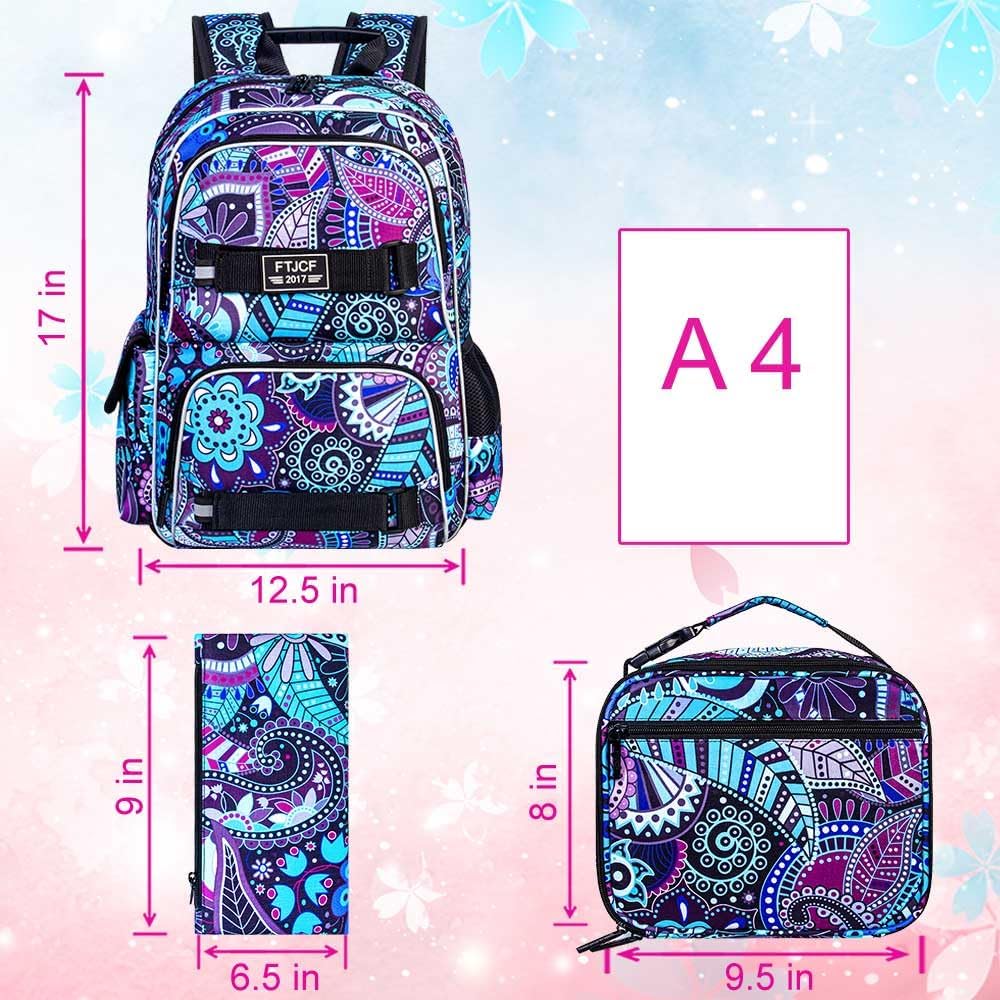 3PCS Girls Backpack, Water Resistant Womens School Bag With Lunch Box, 17 Inch Bookbag Set for College Teenagers. - Image 4