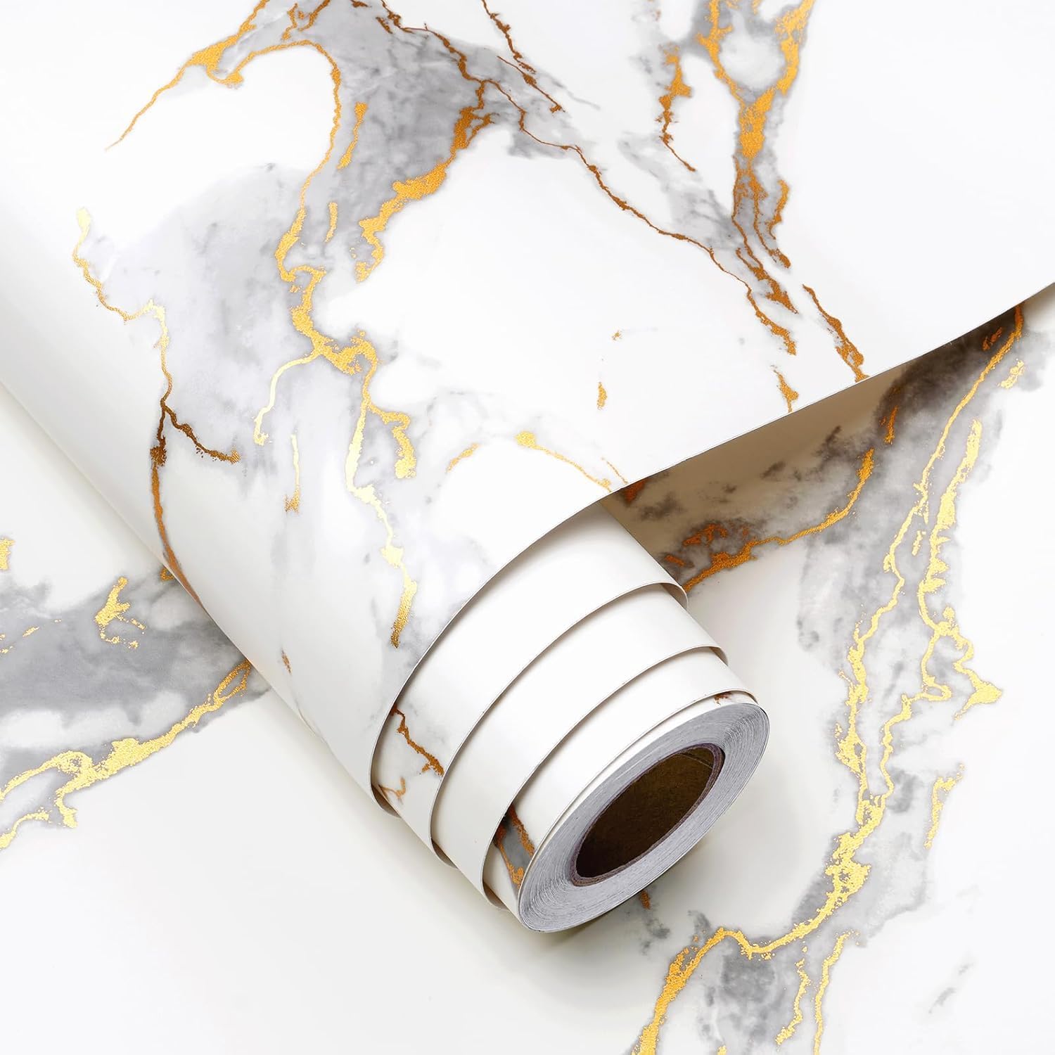 FunStick 16x472 White and Gold Marble Countertop Contact Paper Waterproof White Marble Wallpaper Peel and Stick Vinyl Countertop Wallpaper Marble Contact Paper for Kitchen Bathroom Counter Table Roll