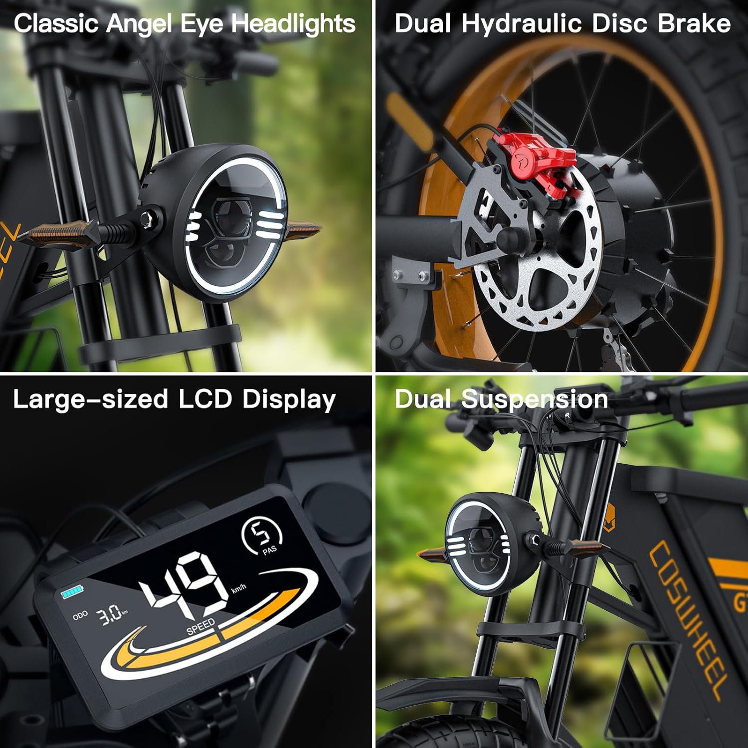 Close-up of COSWHEEL GT20 Pro components: Headlights, LCD Display, Hydraulic Disc Brake, Dual Suspension