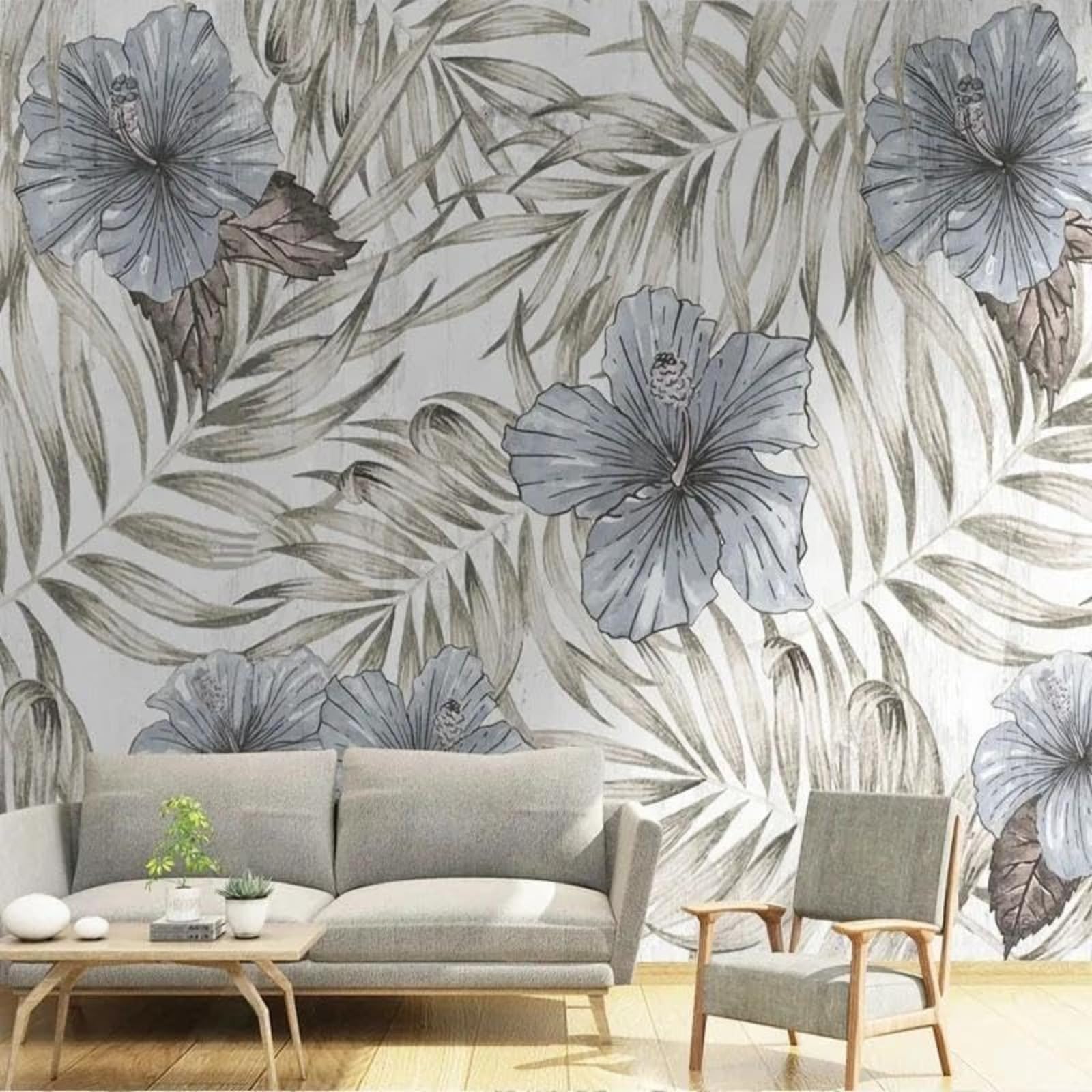 Papier peint d'art mural 3D feuilles minimalistes pour salon élégant