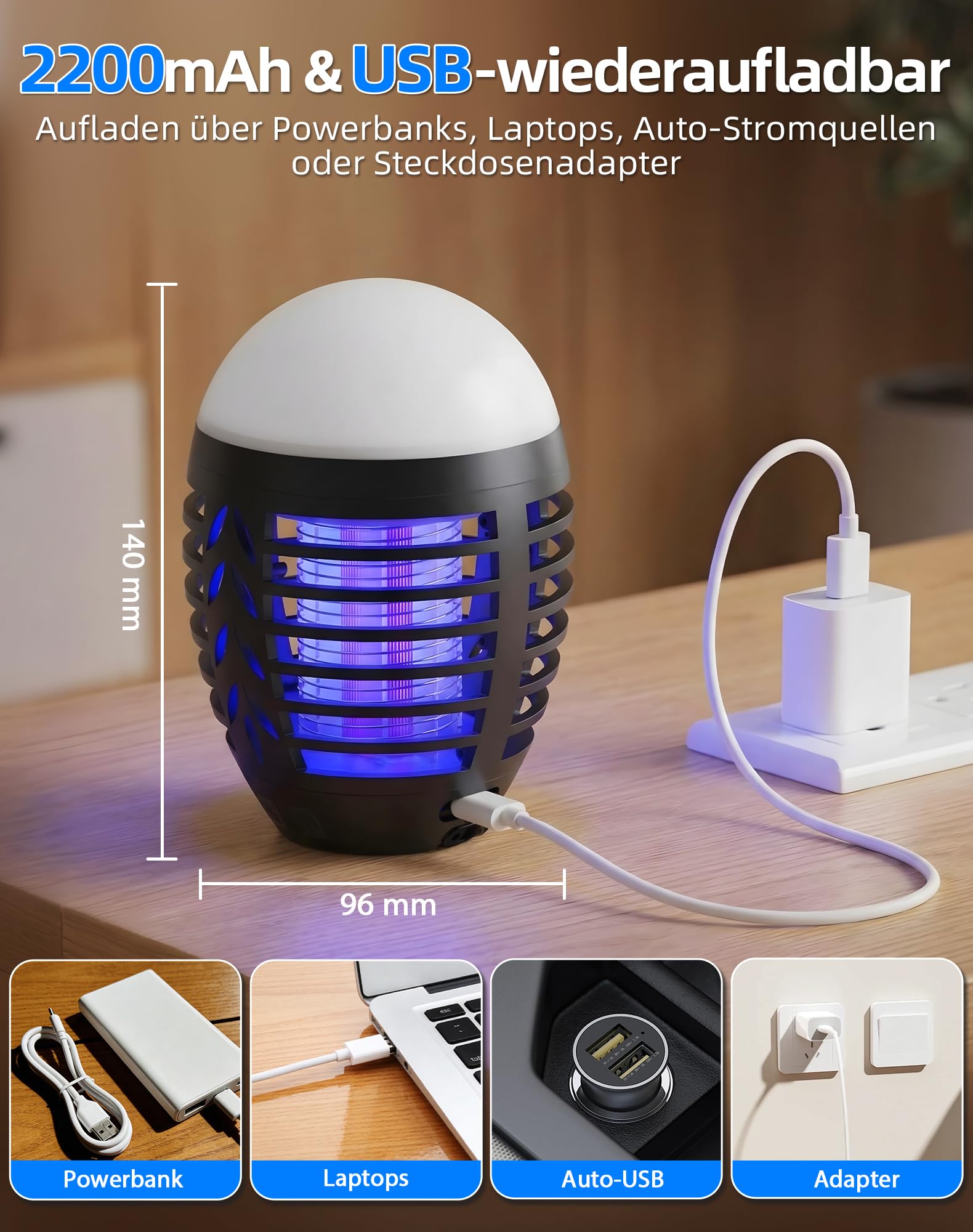 Insektenvernichter Campinglampe Outdoor, LED Mückenlampe USB Wiederaufladbar 2-In-1 Moskitokiller Lampe mit LED Licht, 3 Beleuchtungsmodi, Wasserdicht UV Mückenschutz für Camping, Zelt, Garten