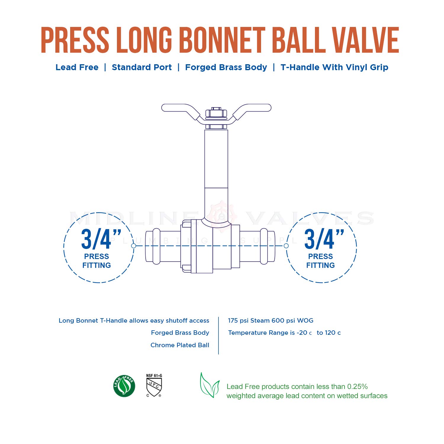 Midline Valve 752R256-10 Lot de 10 robinets à boisseau sphérique en laiton de qualité supérieure, longue poignée en T, avec raccords de 1,9 cm