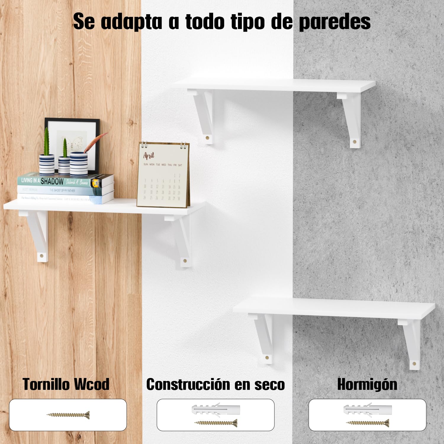 Estanteria Pared de 3 Niveles, Estantes de Pared de Madera Natural, Baldas Pared Ideal para Salon, Dormitorio, Baño, Estudio, Cocina, Oficina, Pasillo, Blanco