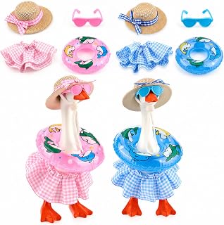 Bafeil 2 Sets Desk Goose Summer Outfit 7 Inch Bikini Costume Pink+Blue | 7 inch Desk Goose Outfits with Hat Sunglasses Swimming Ring, Mini Desk Goose Clothes for Home Office Desktop Decor, No Goose